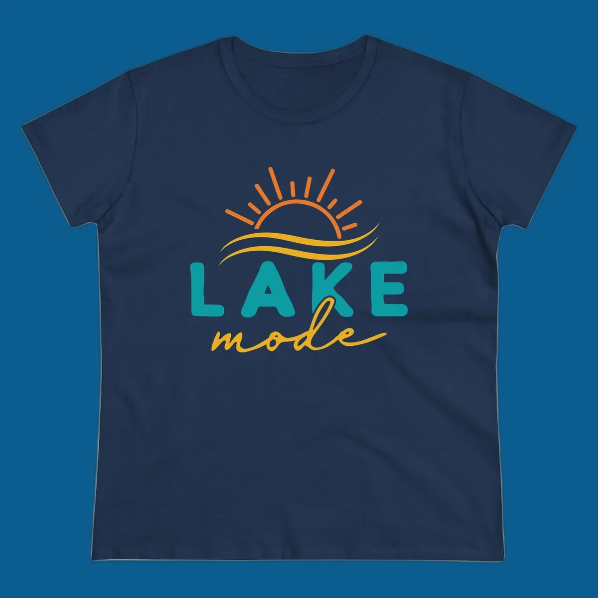 Lake mode graphic with sun rays and waves, teal and yellow text.