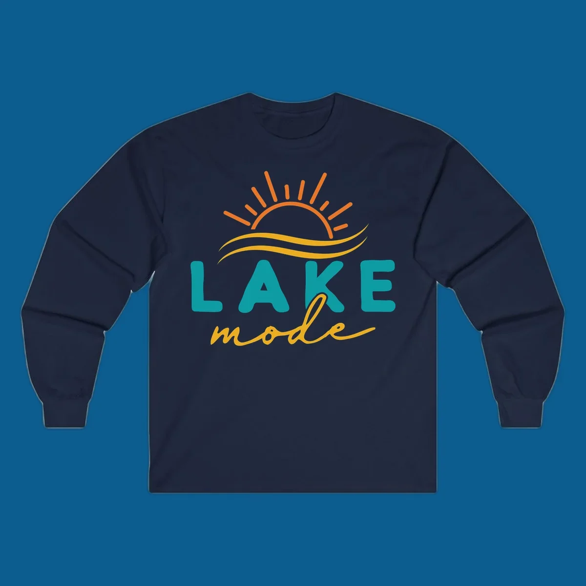 Lake mode graphic with sun rays and waves, teal and yellow text.