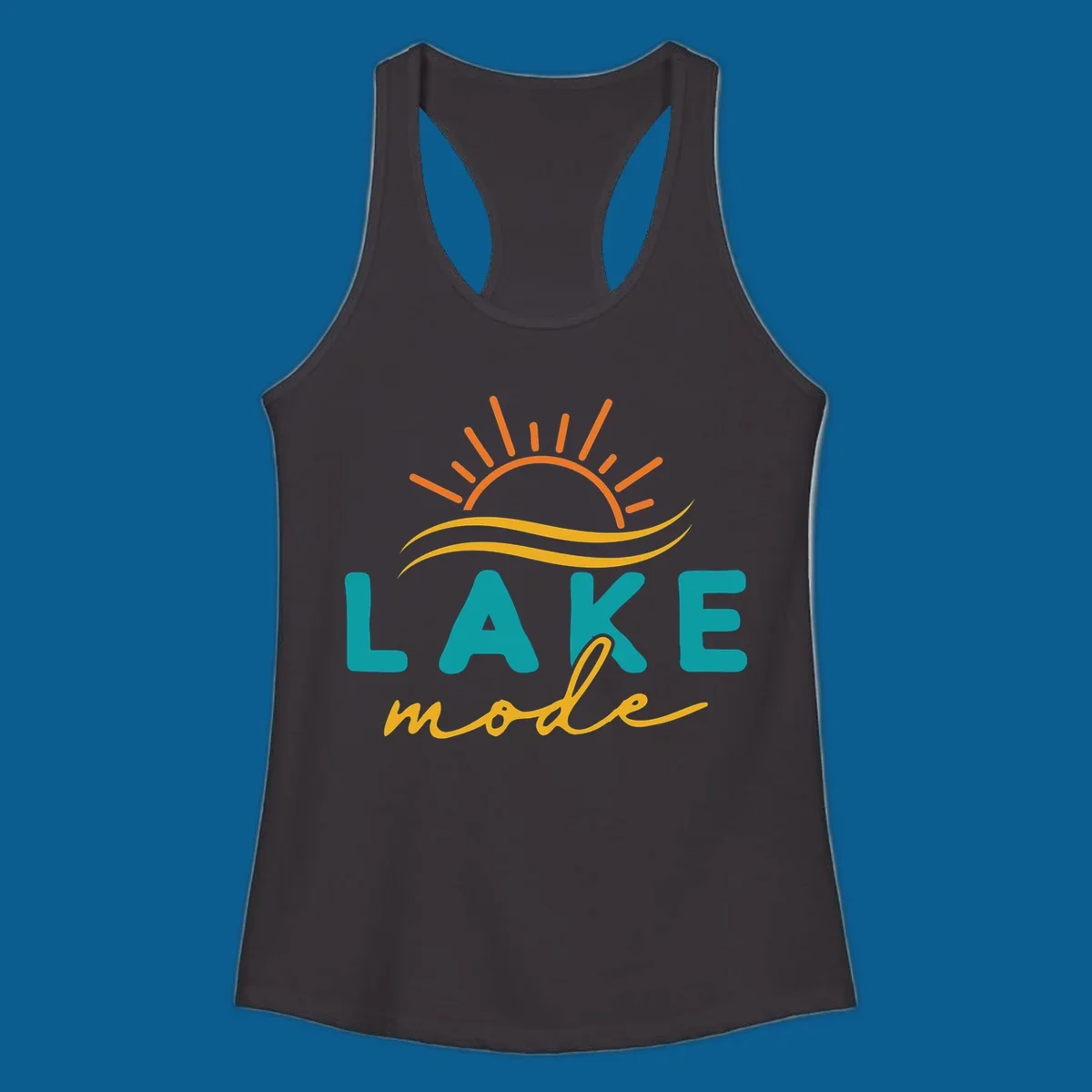 Lake mode graphic with sun rays and waves, teal and yellow text.