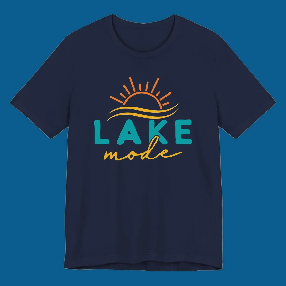 Lake mode graphic with sun rays and waves, teal and yellow text.
