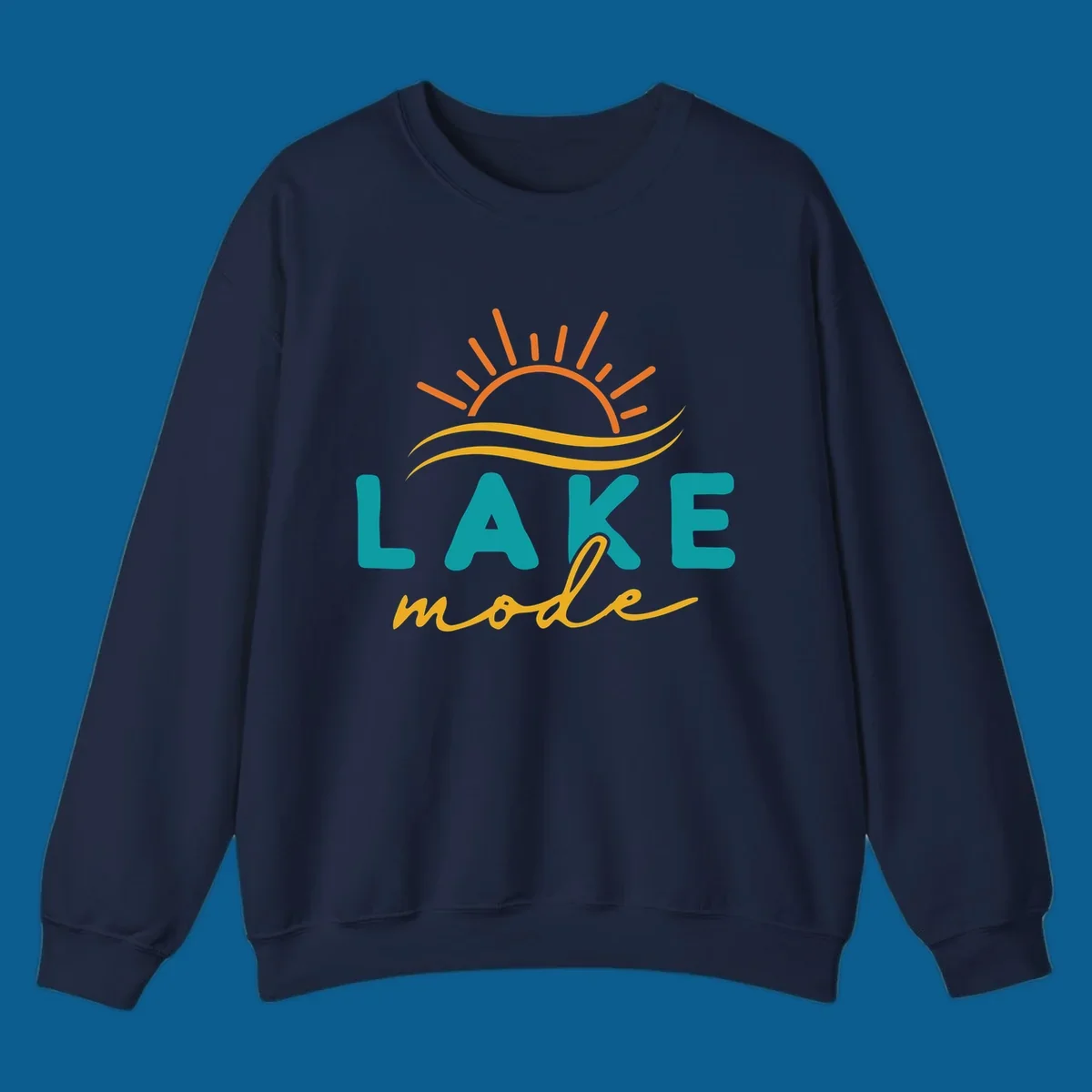 Lake mode graphic with sun rays and waves, teal and yellow text.