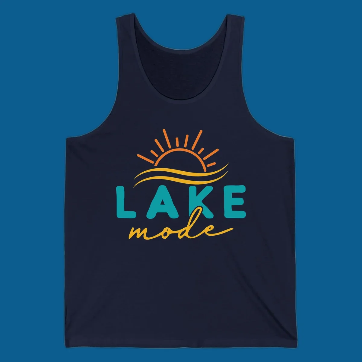 Lake mode graphic with sun rays and waves, teal and yellow text.