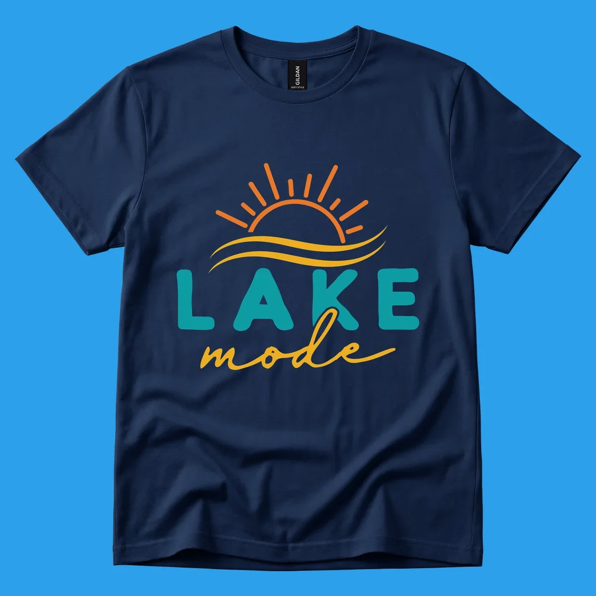 Lake mode graphic with sun rays and waves, teal and yellow text.