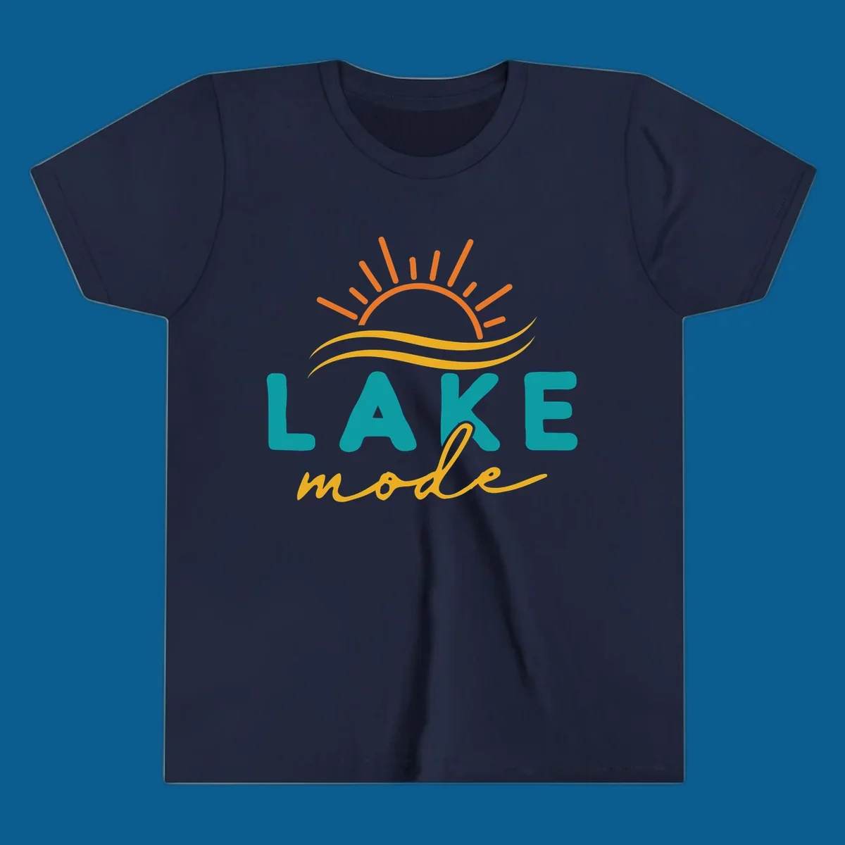 Lake mode graphic with sun rays and waves, teal and yellow text.