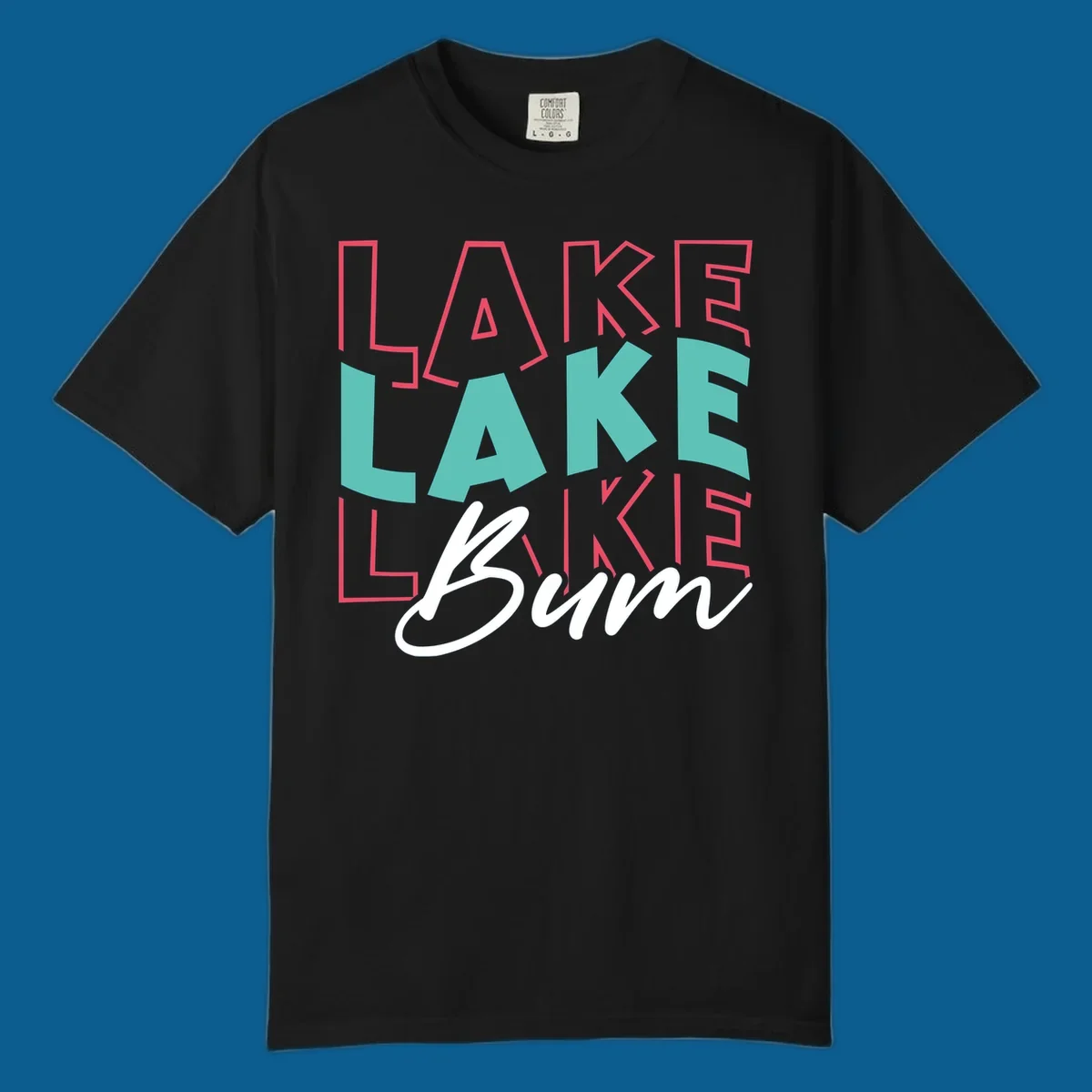 Lake Bum typography design with layered LAKE text and white script Bum. lake-bum-typography.
