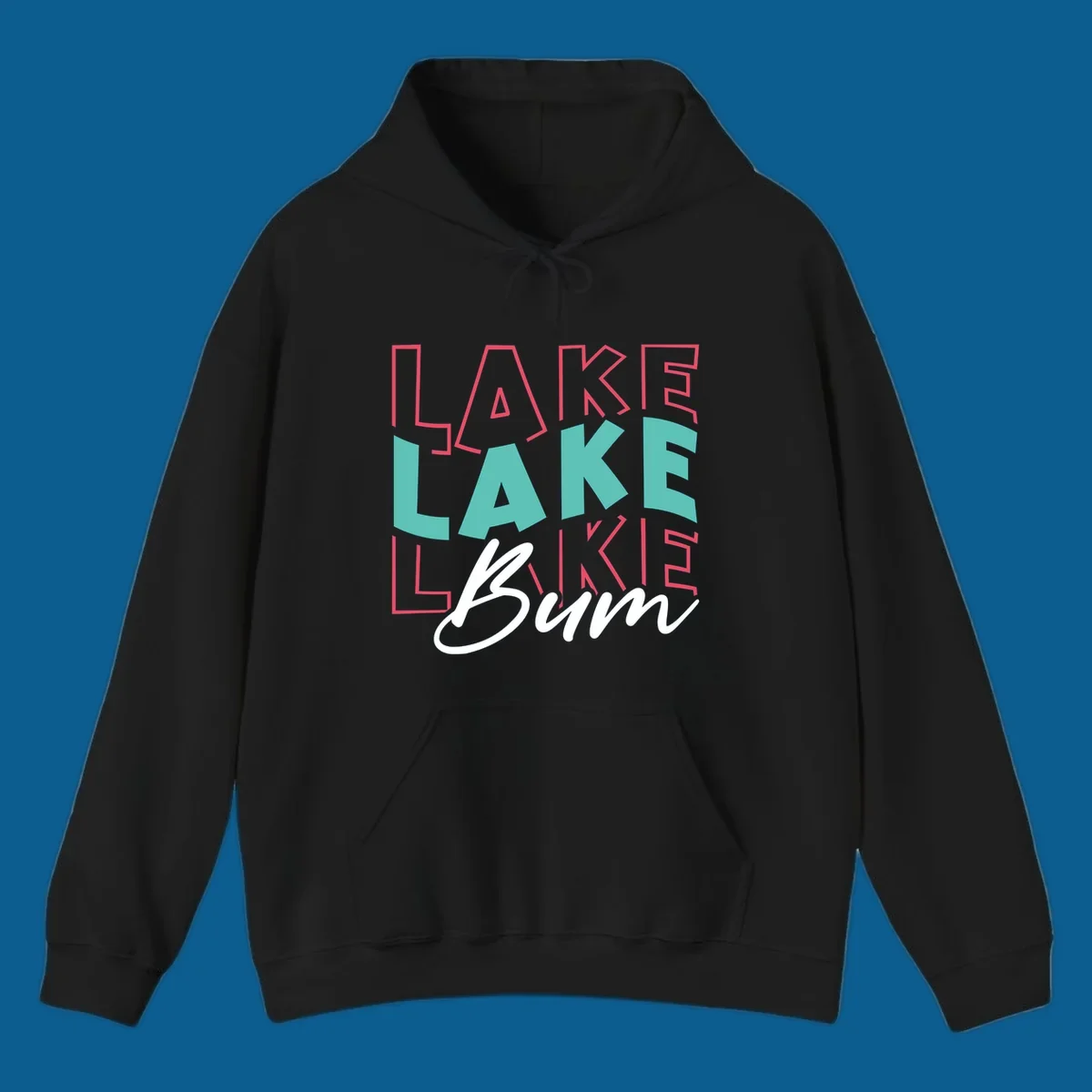 Lake Bum typography design with layered LAKE text and white script Bum. lake-bum-typography.