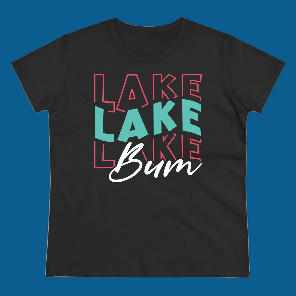 Lake Bum typography design with layered LAKE text and white script Bum. lake-bum-typography.