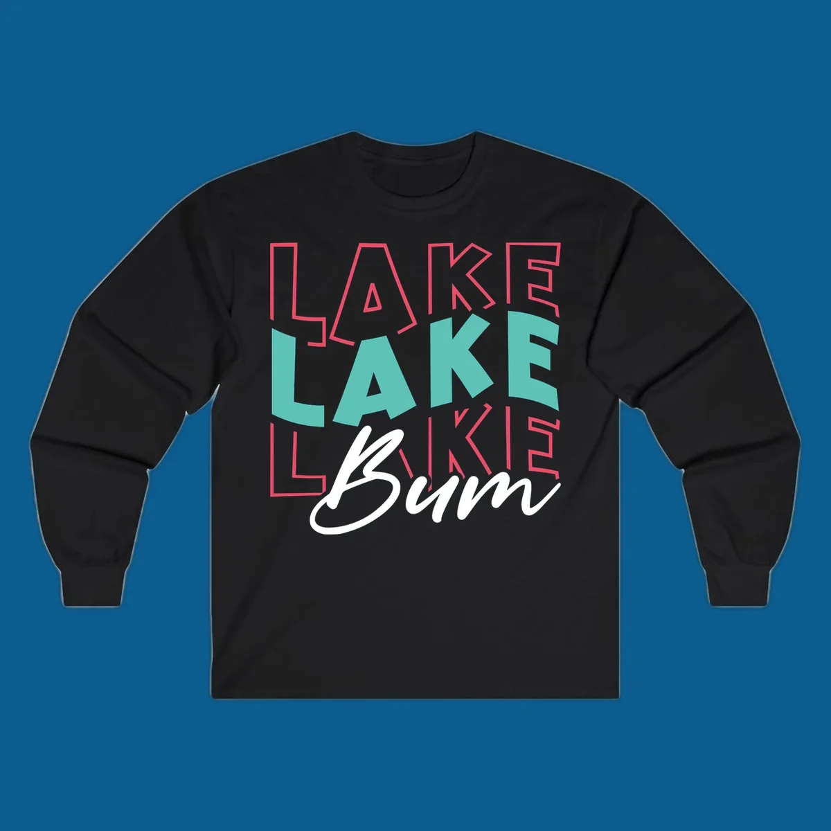 Lake Bum typography design with layered LAKE text and white script Bum. lake-bum-typography.