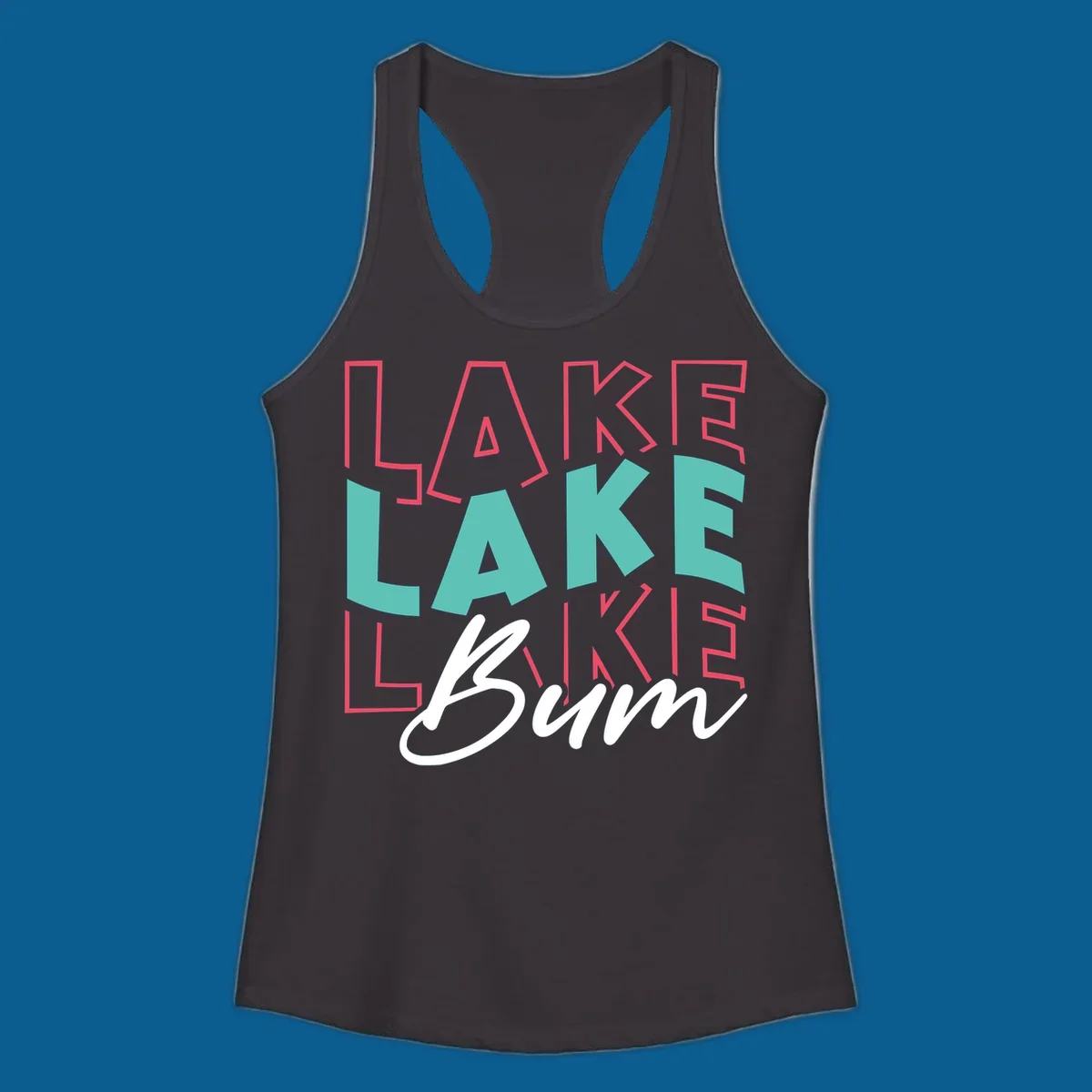Lake Bum typography design with layered LAKE text and white script Bum. lake-bum-typography.