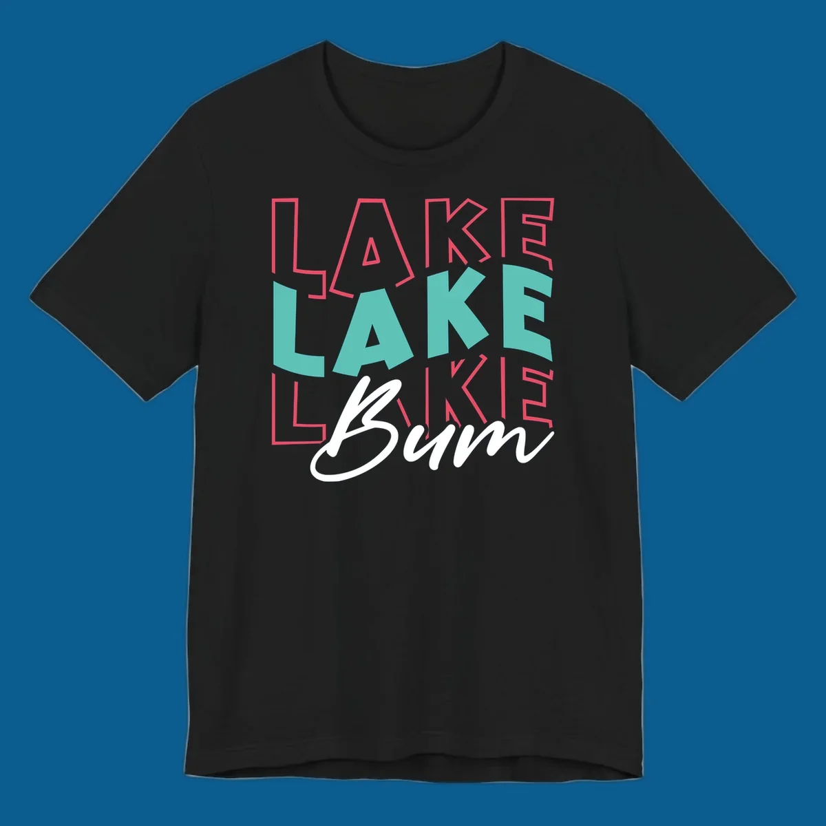 Lake Bum typography design with layered LAKE text and white script Bum. lake-bum-typography.