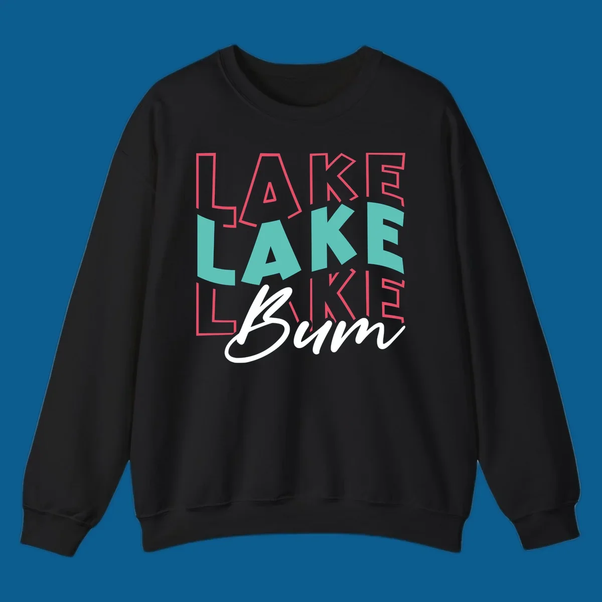 Lake Bum typography design with layered LAKE text and white script Bum. lake-bum-typography.