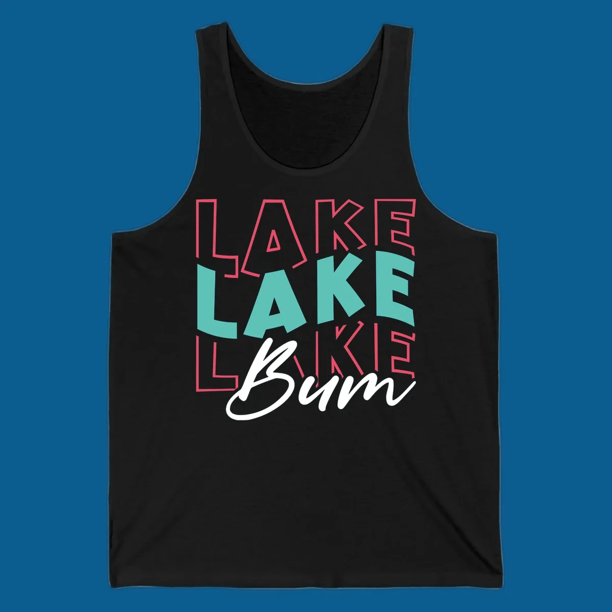 Lake Bum typography design with layered LAKE text and white script Bum. lake-bum-typography.