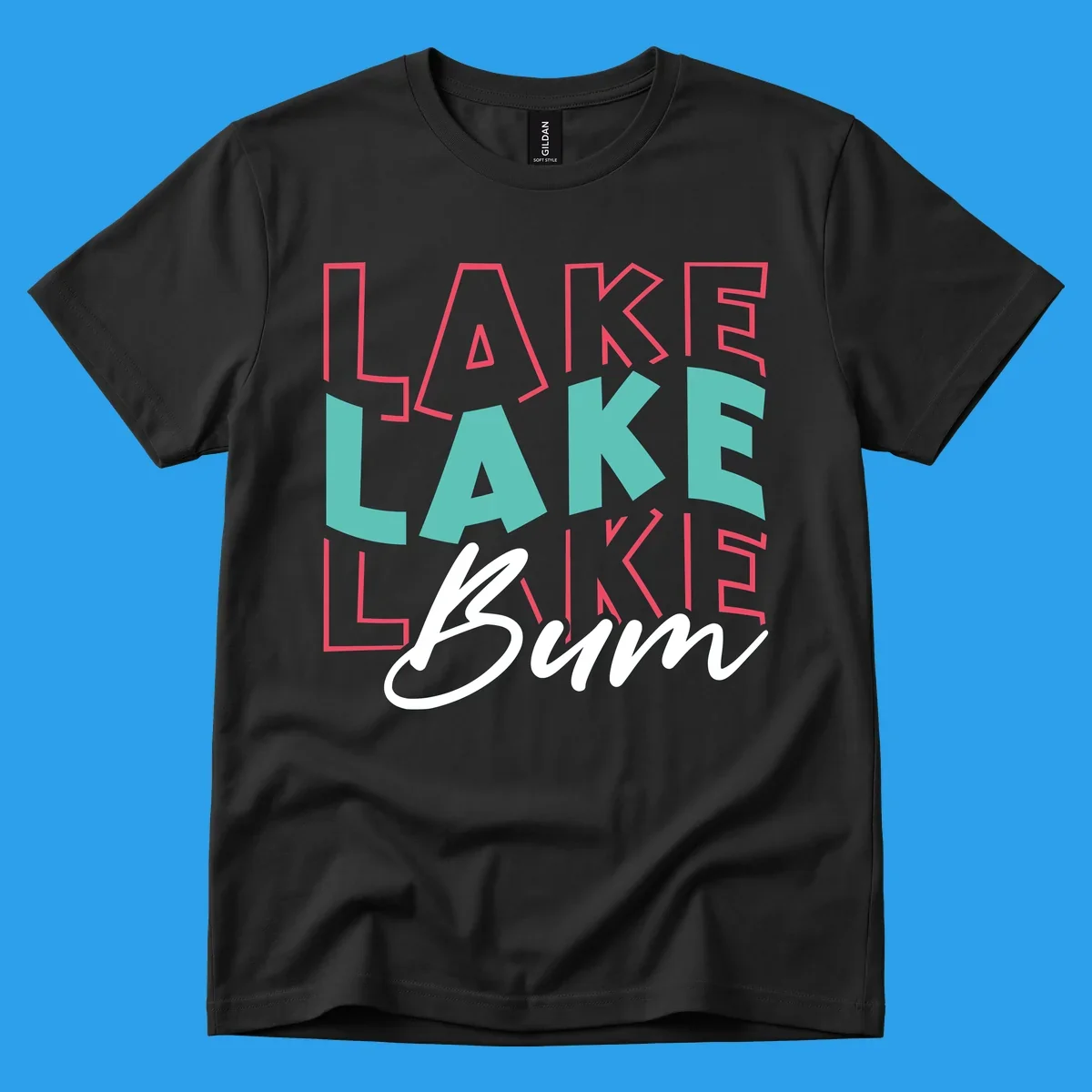 Lake Bum typography design with layered LAKE text and white script Bum. lake-bum-typography.