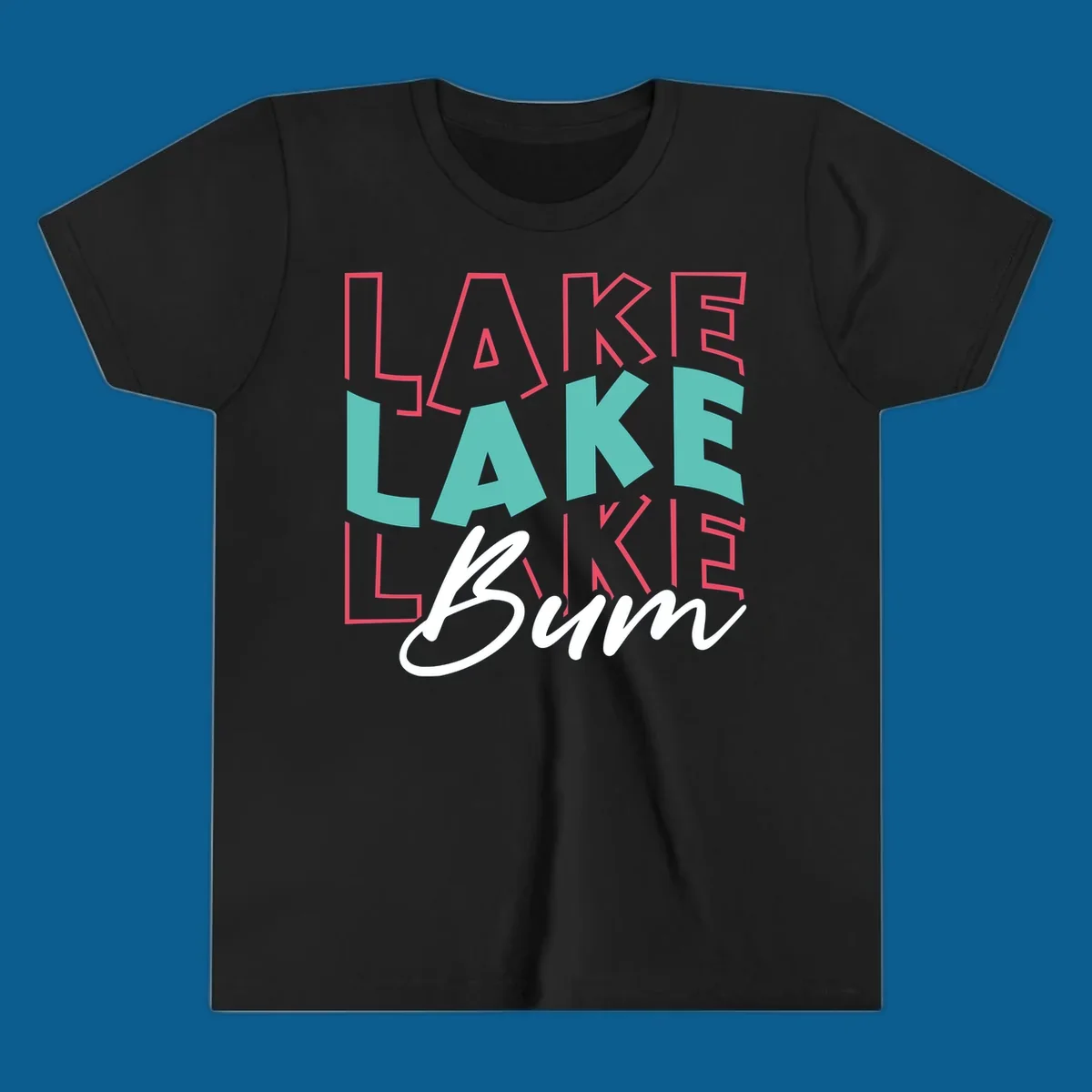 Lake Bum typography design with layered LAKE text and white script Bum. lake-bum-typography.