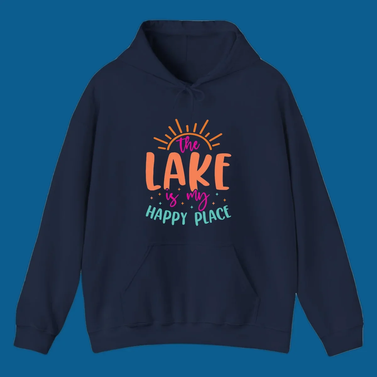 The lake is my happy place text design with sun rays and stars.