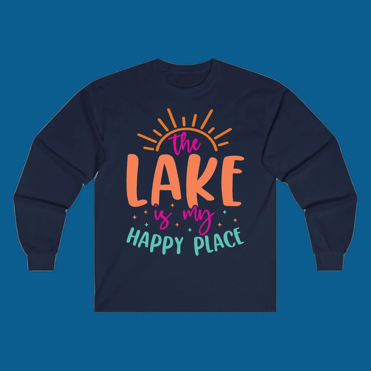 The lake is my happy place text design with sun rays and stars.