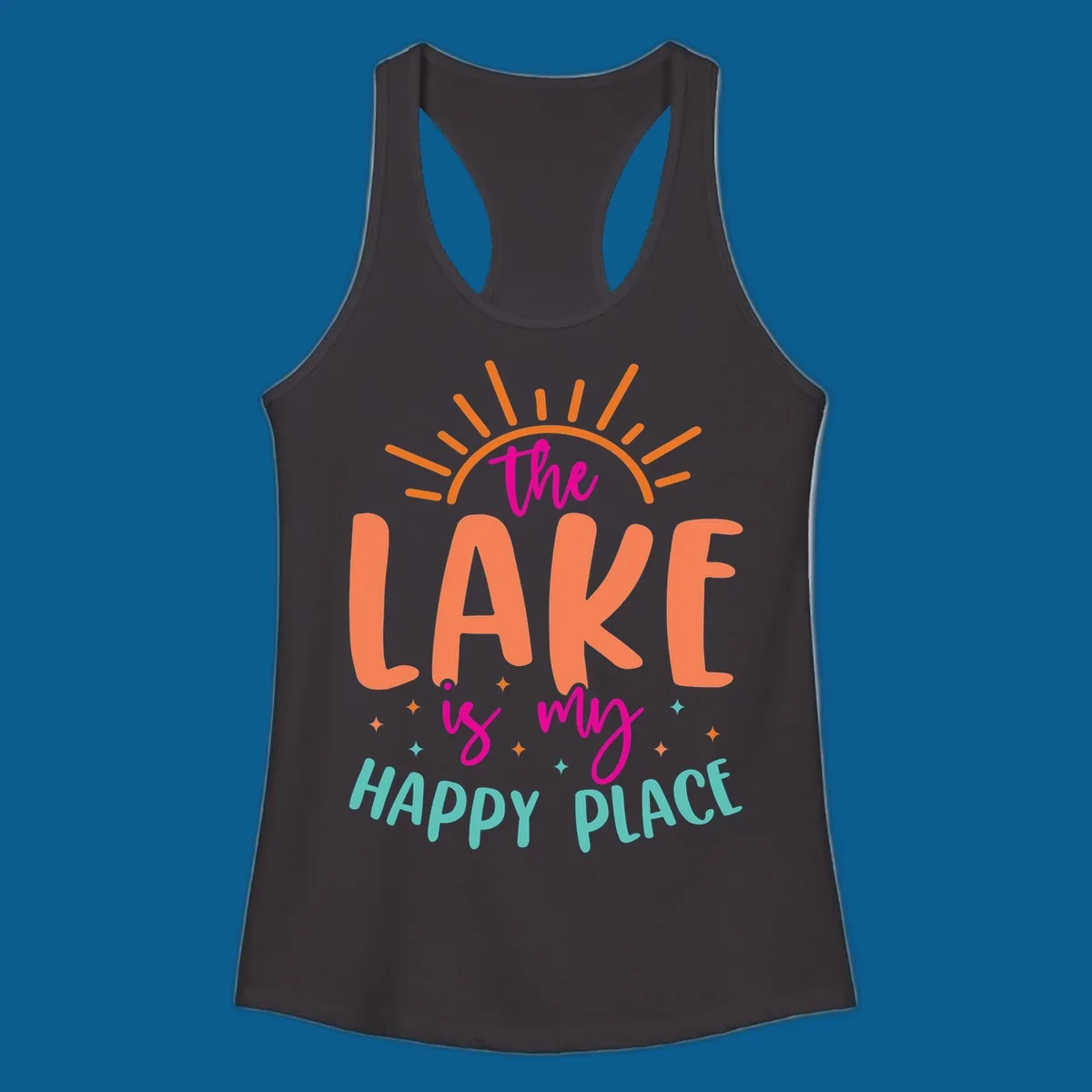 The lake is my happy place text design with sun rays and stars.