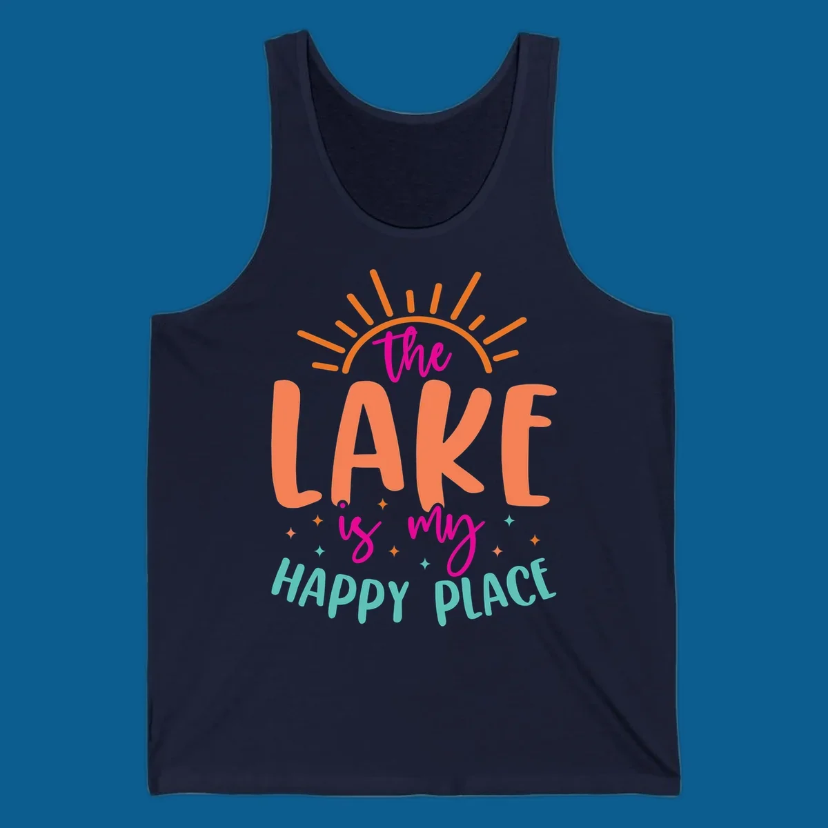 The lake is my happy place text design with sun rays and stars.