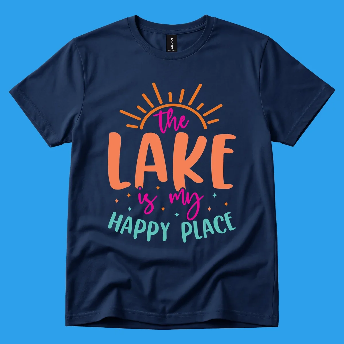 The lake is my happy place text design with sun rays and stars.