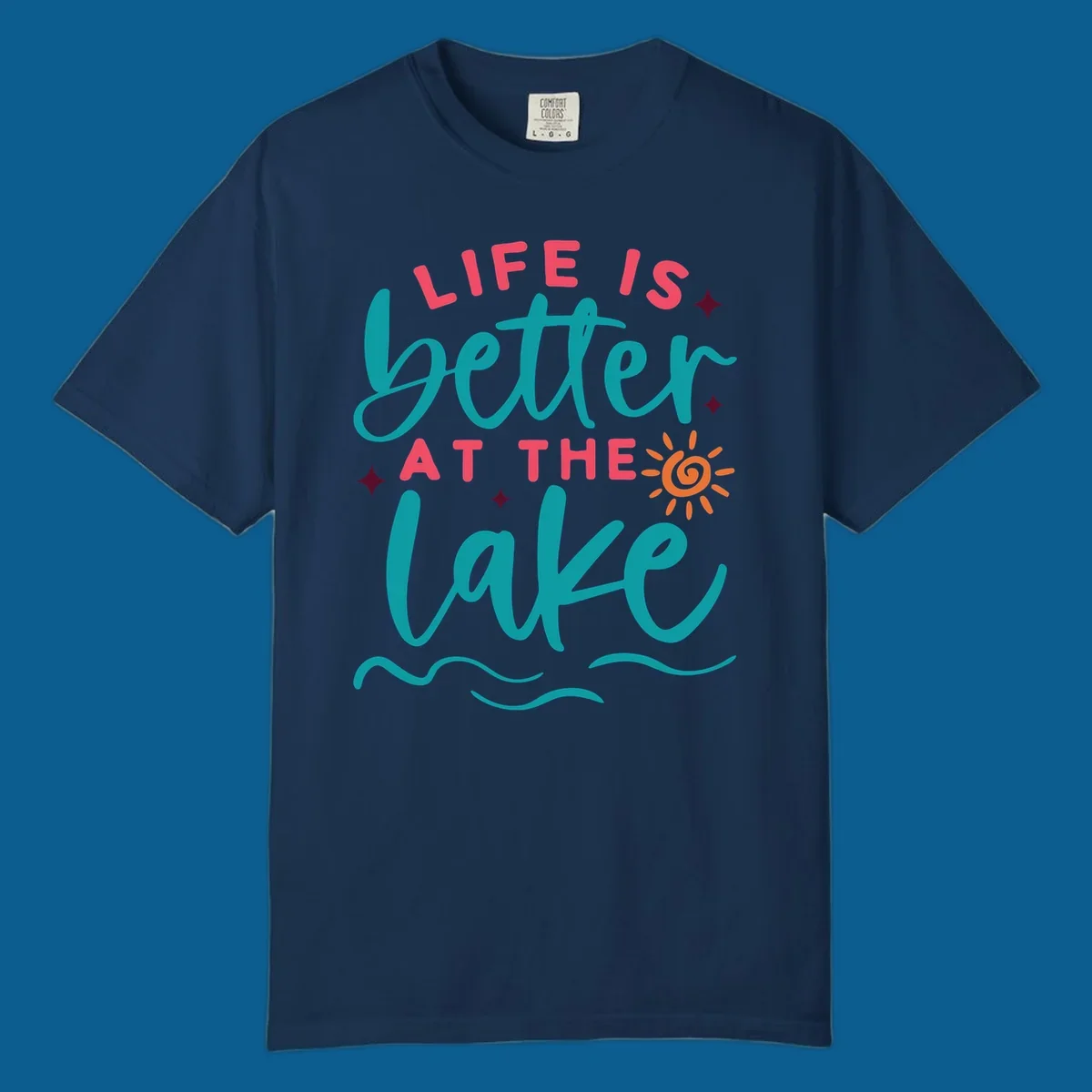 Typography design with 'Life is Better at the Lake' and lake-life graphics.