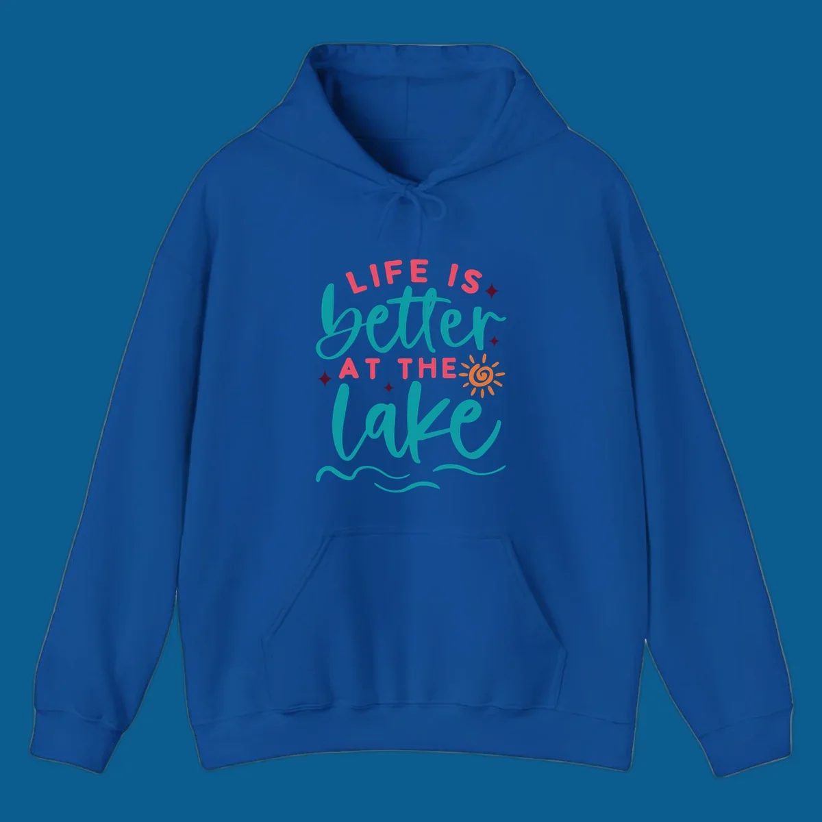 Typography design with 'Life is Better at the Lake' and lake-life graphics.