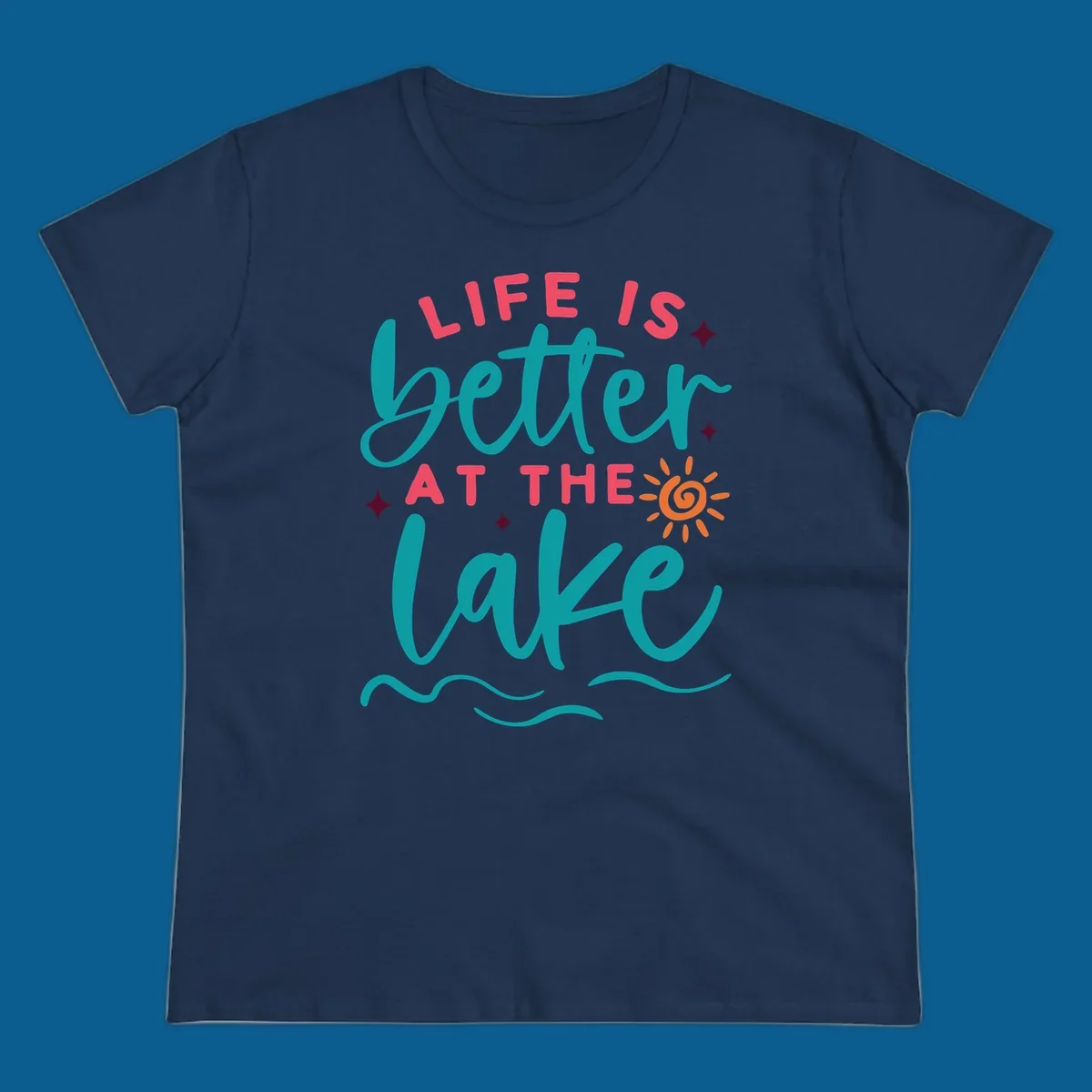 Typography design with 'Life is Better at the Lake' and lake-life graphics.