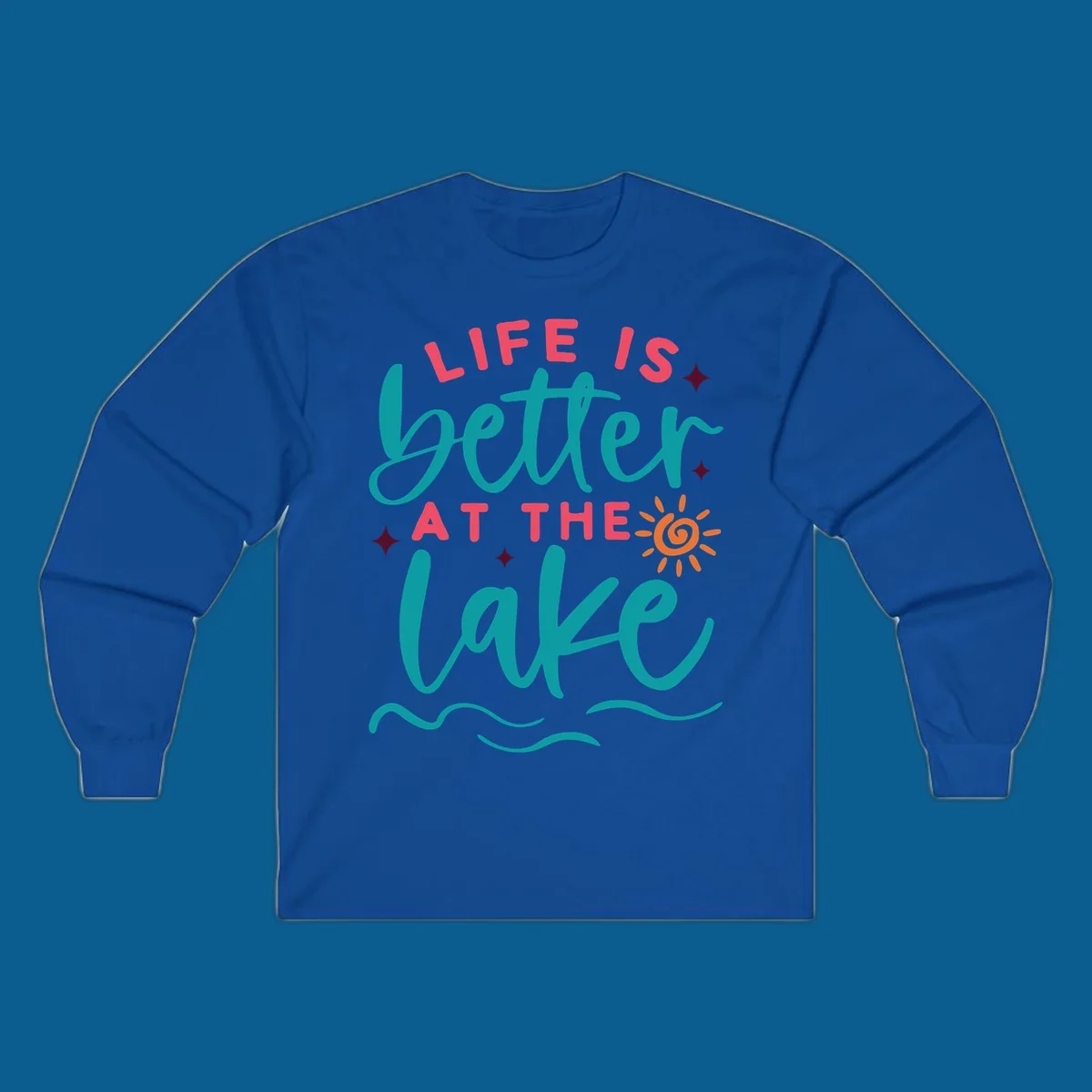 Typography design with 'Life is Better at the Lake' and lake-life graphics.