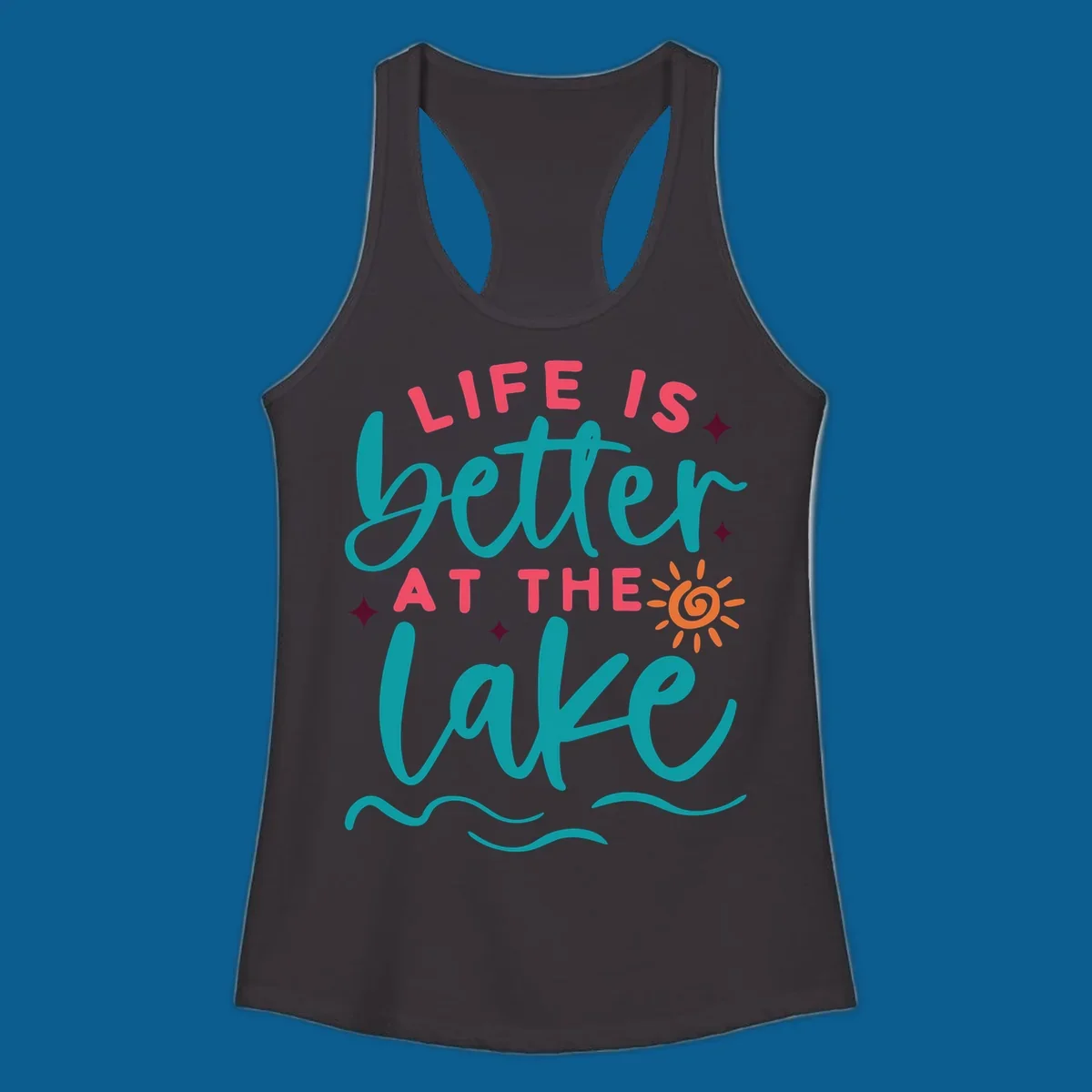 Typography design with 'Life is Better at the Lake' and lake-life graphics.