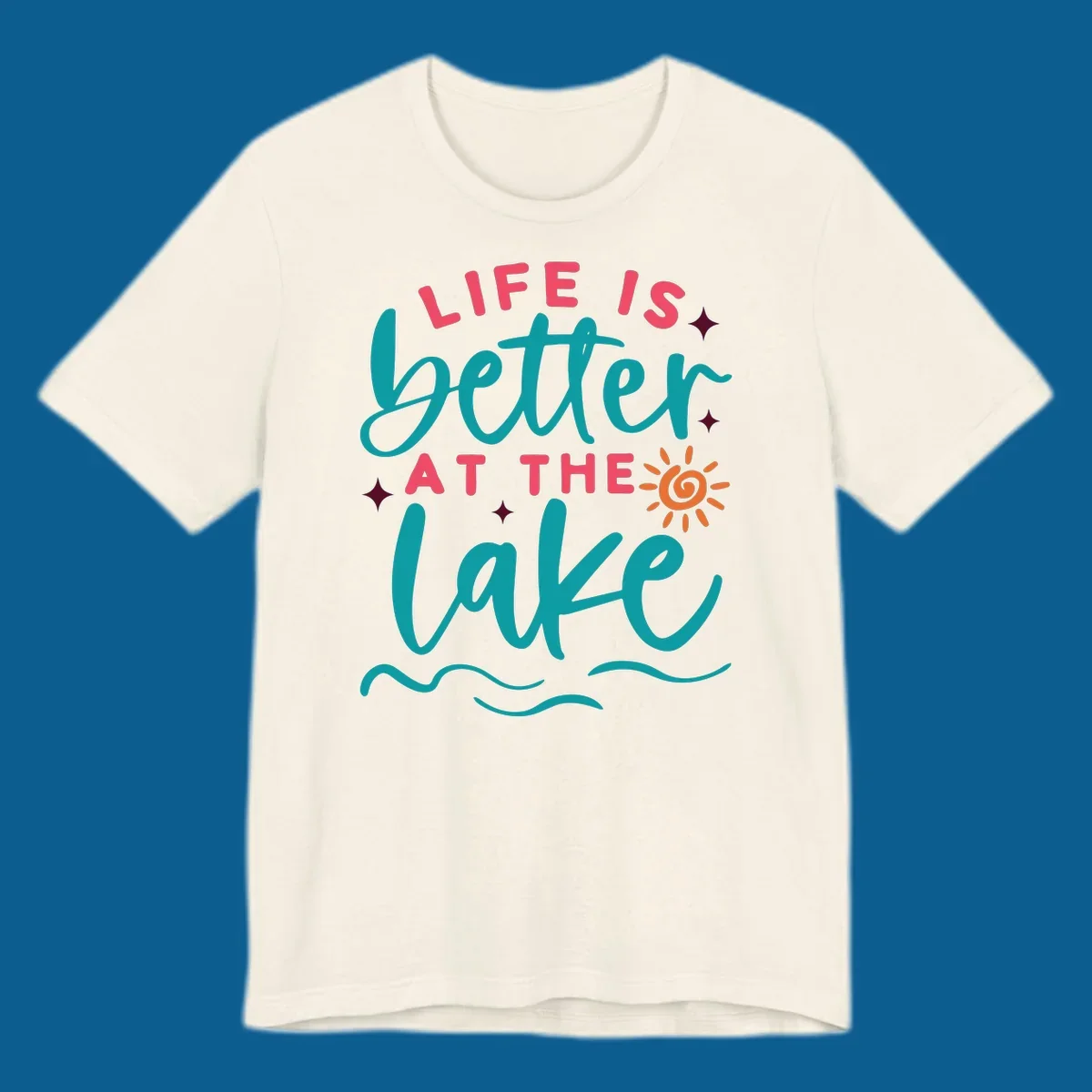 Typography design with 'Life is Better at the Lake' and lake-life graphics.