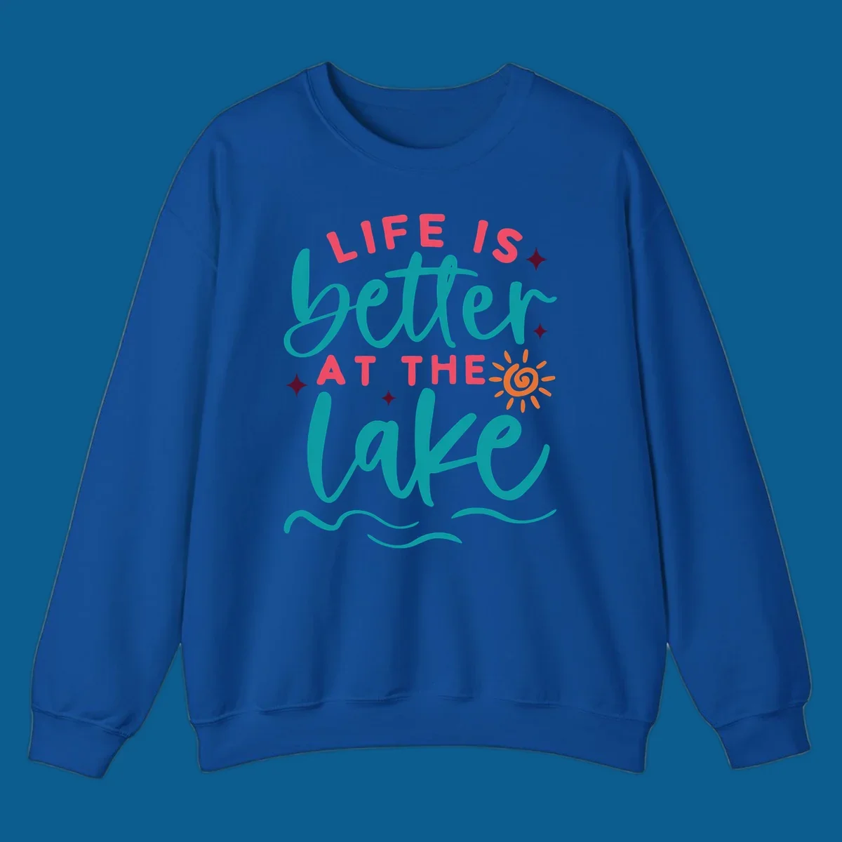 Typography design with 'Life is Better at the Lake' and lake-life graphics.