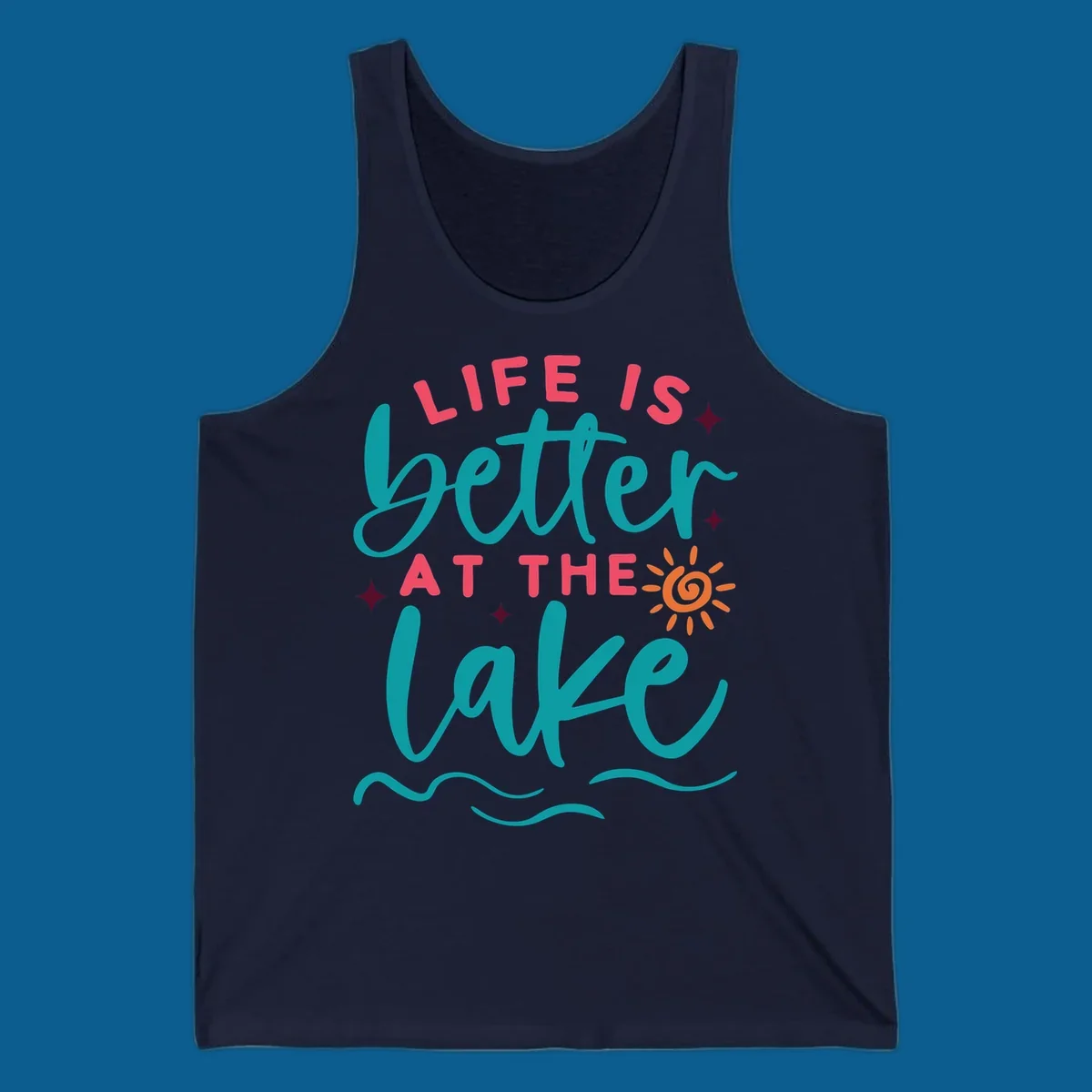 Typography design with 'Life is Better at the Lake' and lake-life graphics.