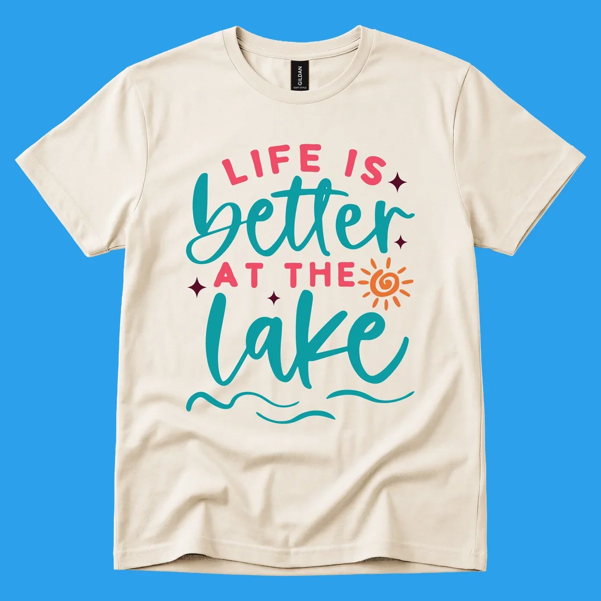 Typography design with 'Life is Better at the Lake' and lake-life graphics.