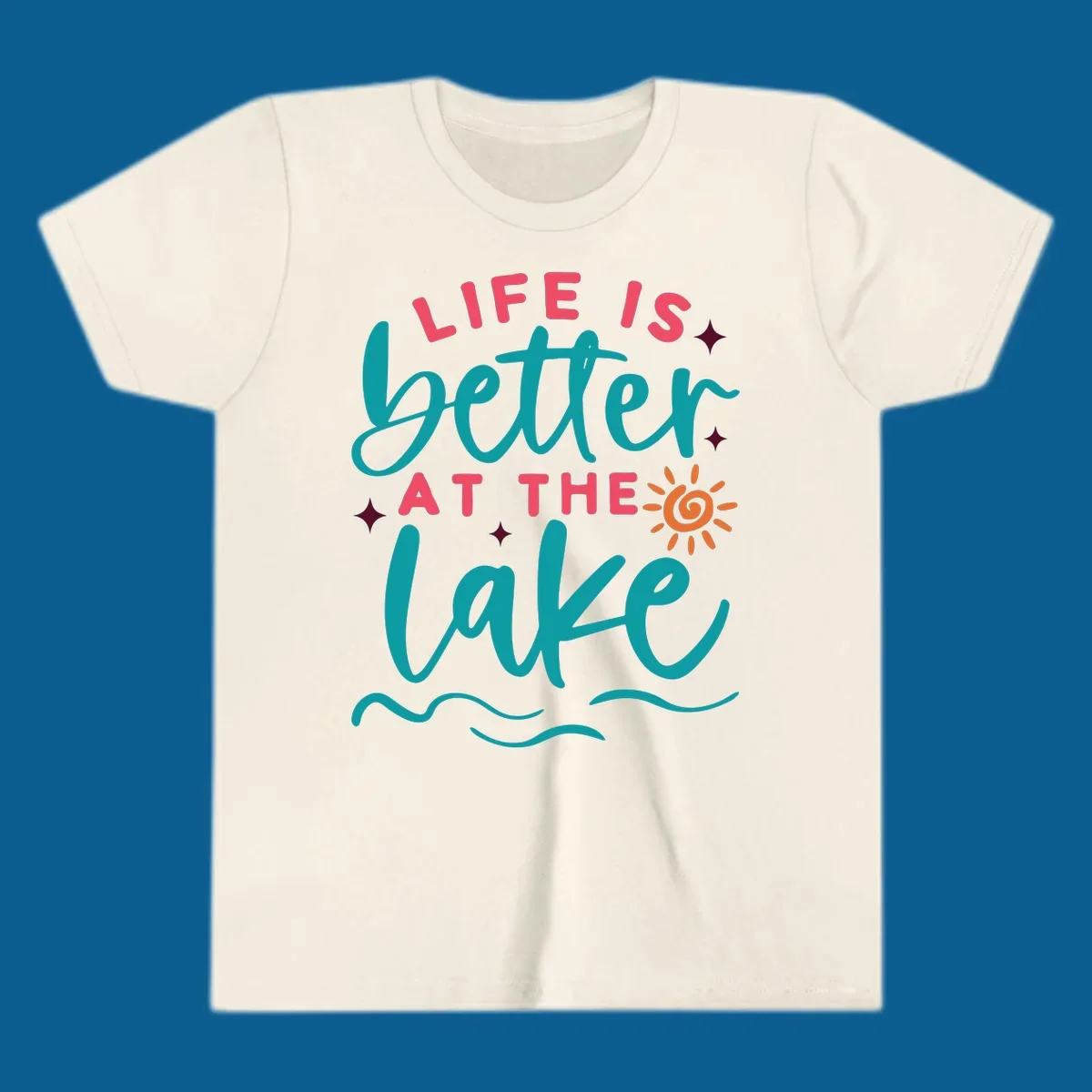 Typography design with 'Life is Better at the Lake' and lake-life graphics.