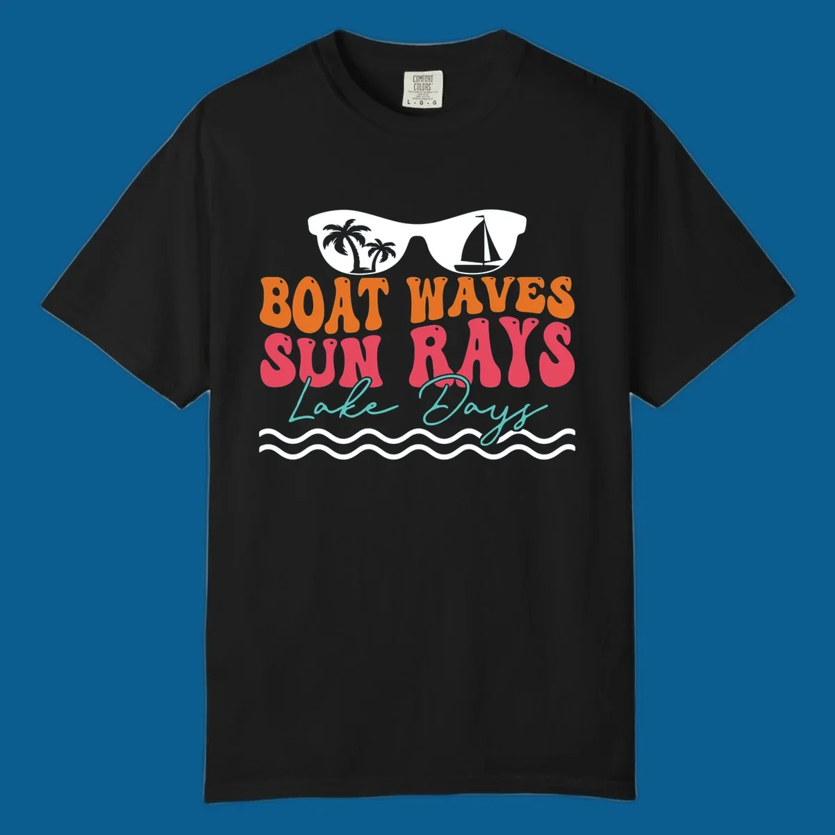 Retro sunglasses reflecting palm trees and sailboat above text "BOAT WAVES SUN RAYS Lake Days" for lake life.