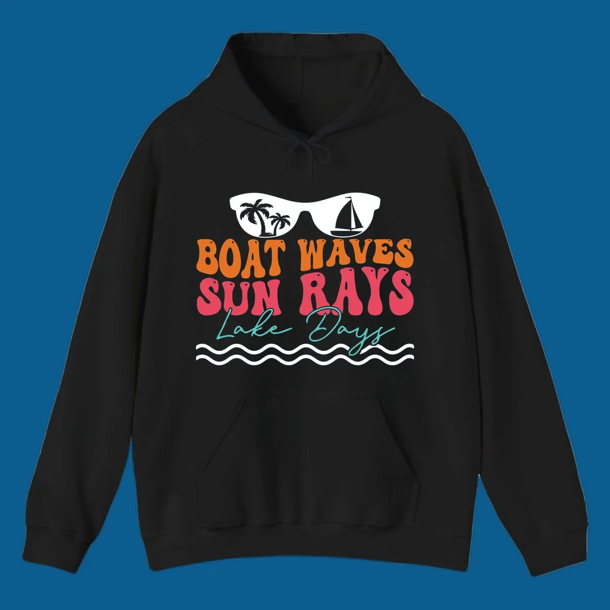 Retro sunglasses reflecting palm trees and sailboat above text "BOAT WAVES SUN RAYS Lake Days" for lake life.