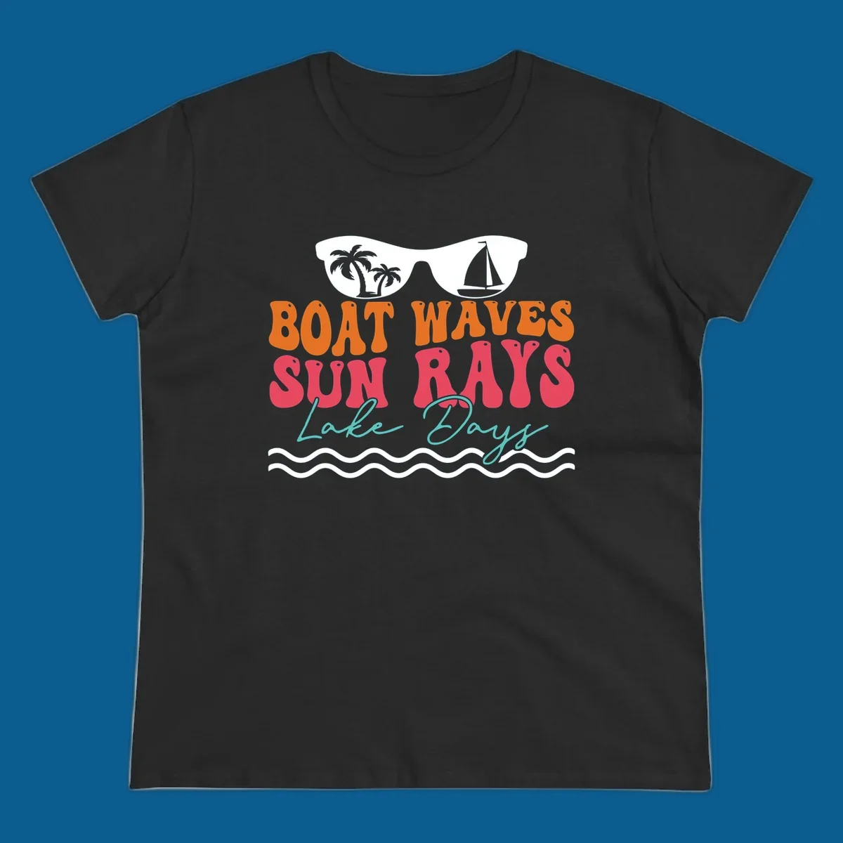 Retro sunglasses reflecting palm trees and sailboat above text "BOAT WAVES SUN RAYS Lake Days" for lake life.