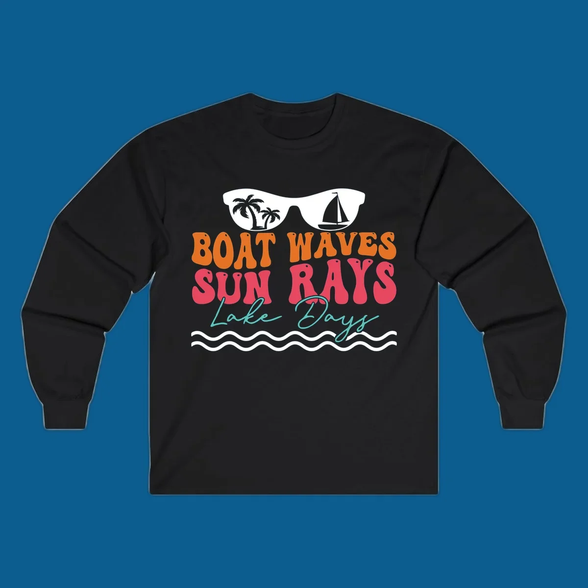 Retro sunglasses reflecting palm trees and sailboat above text "BOAT WAVES SUN RAYS Lake Days" for lake life.