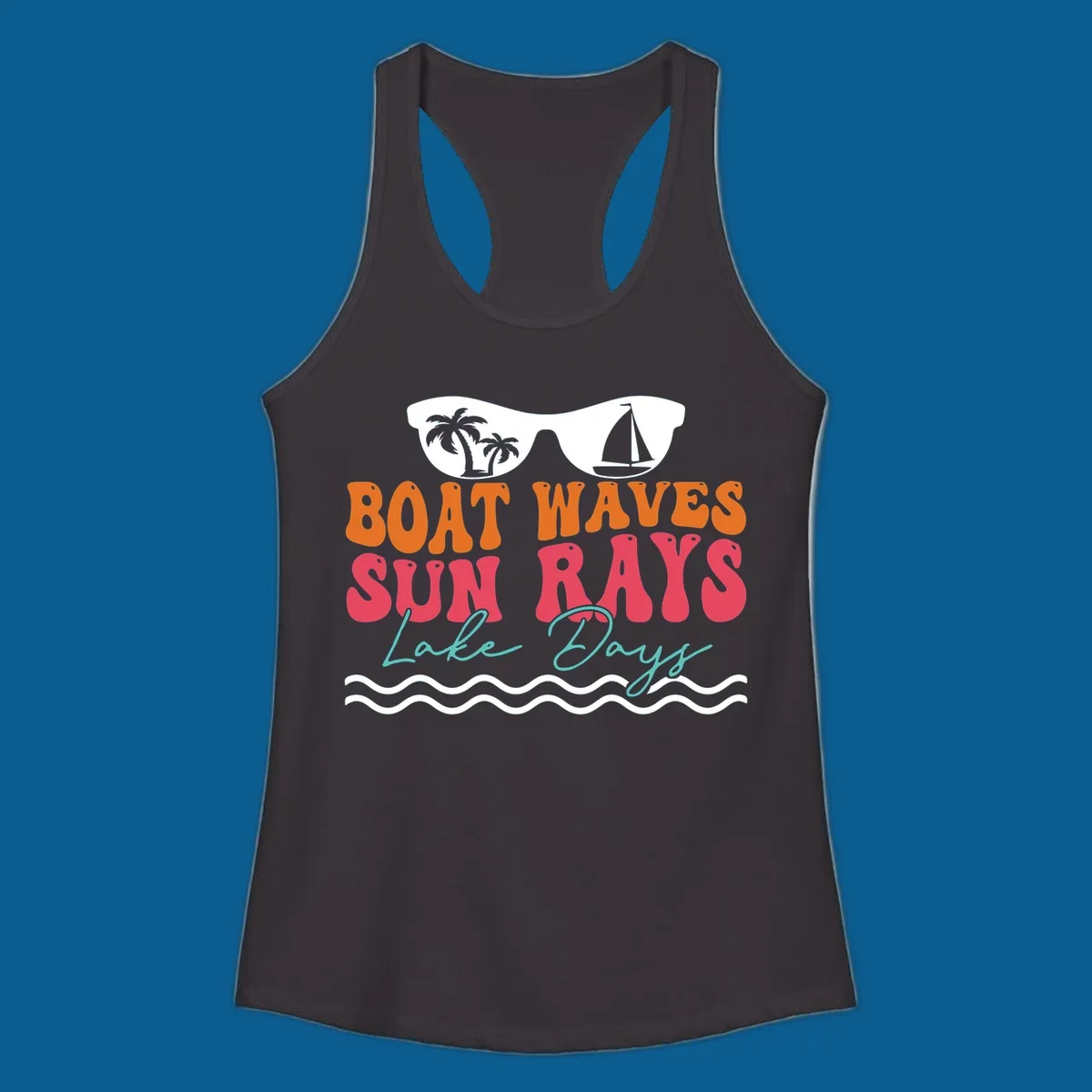 Retro sunglasses reflecting palm trees and sailboat above text "BOAT WAVES SUN RAYS Lake Days" for lake life.