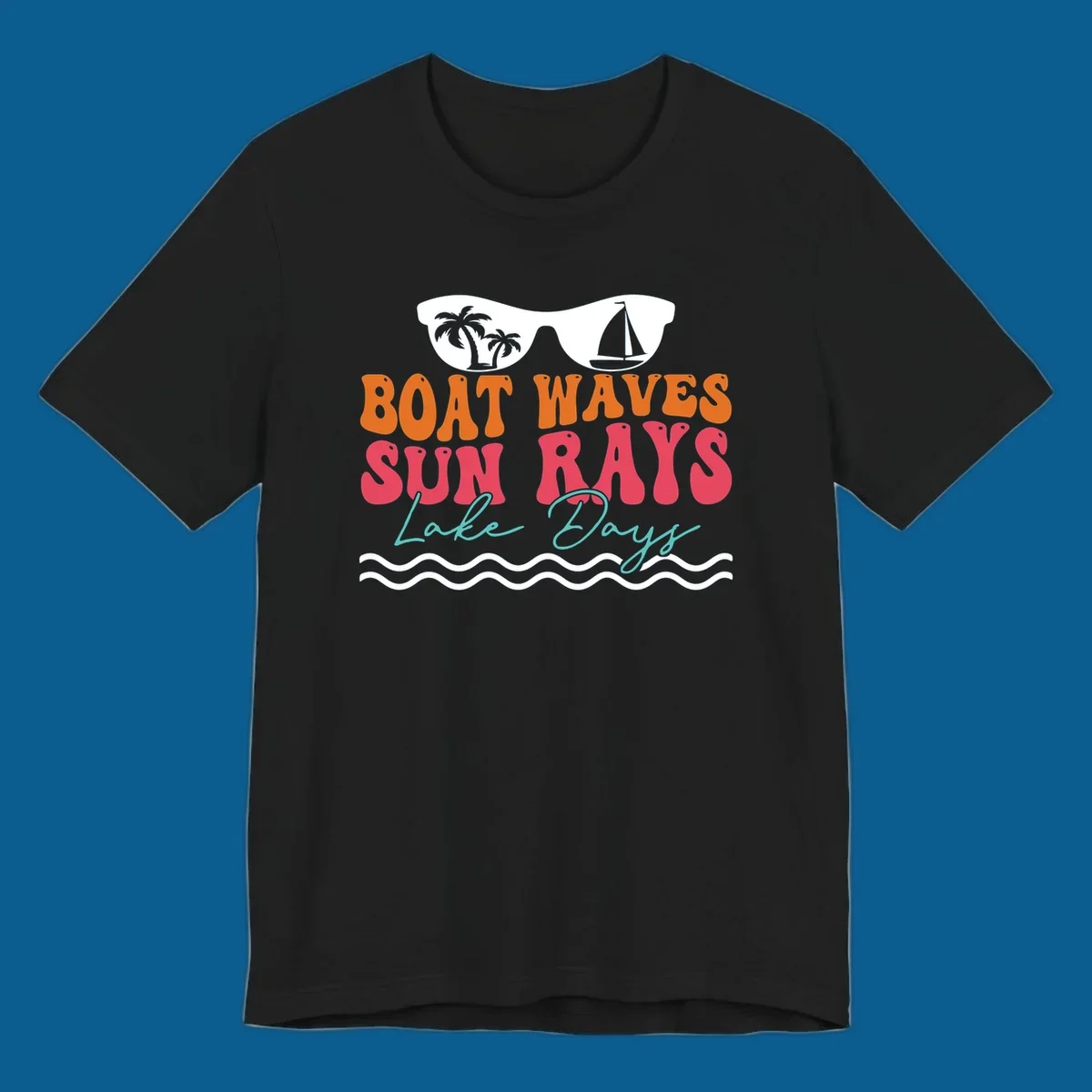 Retro sunglasses reflecting palm trees and sailboat above text "BOAT WAVES SUN RAYS Lake Days" for lake life.