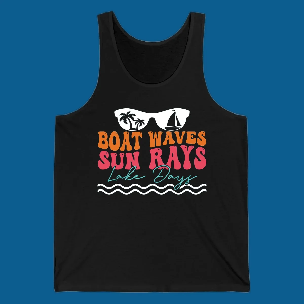 Retro sunglasses reflecting palm trees and sailboat above text "BOAT WAVES SUN RAYS Lake Days" for lake life.