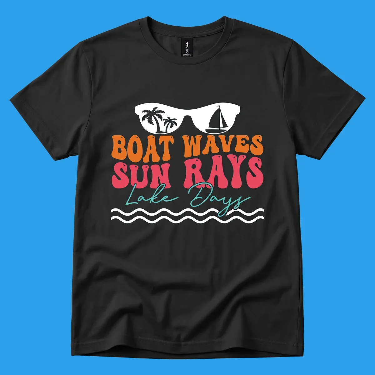 Retro sunglasses reflecting palm trees and sailboat above text "BOAT WAVES SUN RAYS Lake Days" for lake life.