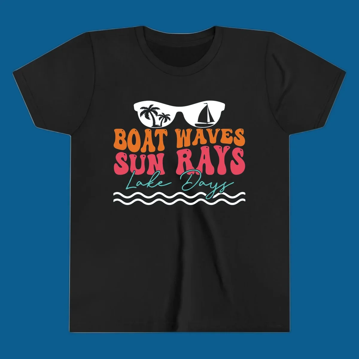 Retro sunglasses reflecting palm trees and sailboat above text "BOAT WAVES SUN RAYS Lake Days" for lake life.