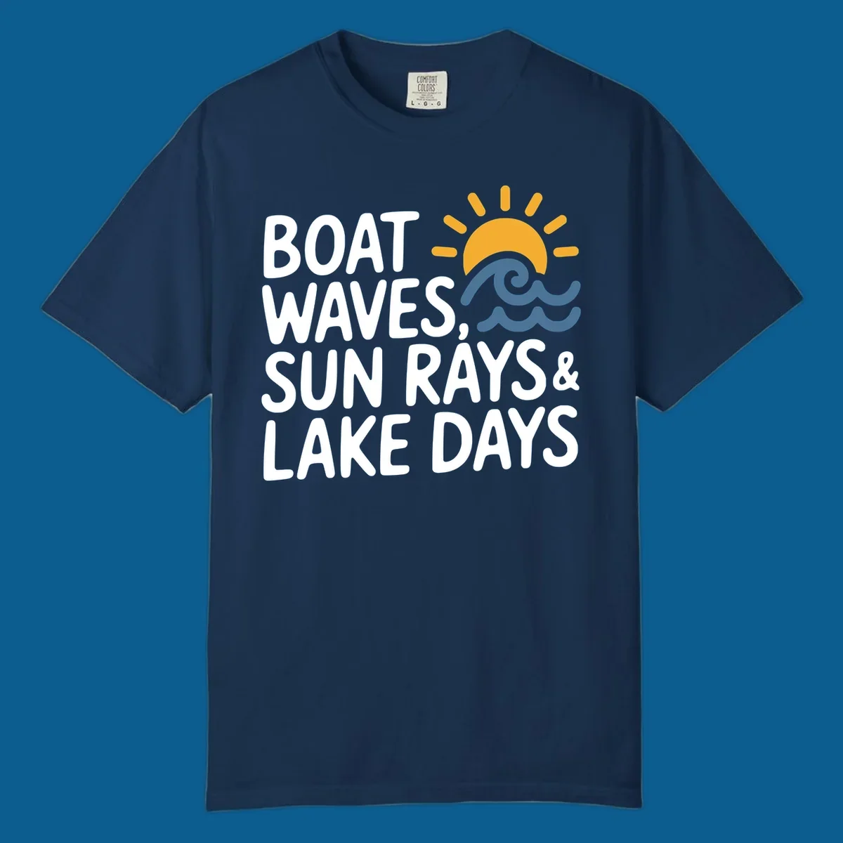 Text 'Boat Waves Sun Rays & Lake Days' with sun and waves illustration for lake-life-days.