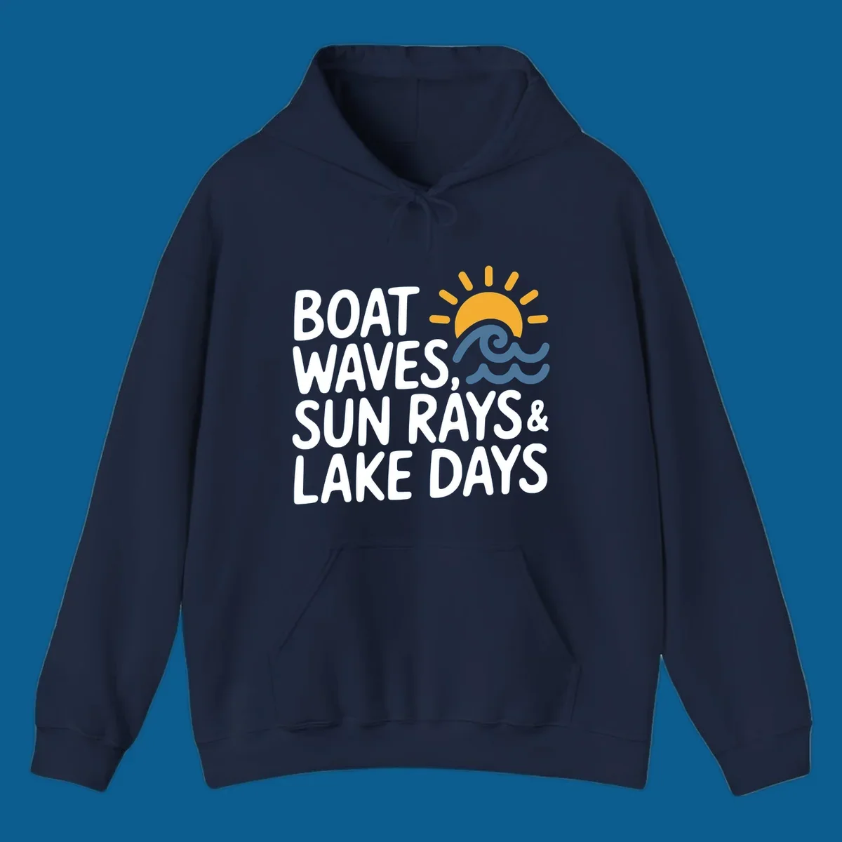 Text 'Boat Waves Sun Rays & Lake Days' with sun and waves illustration for lake-life-days.