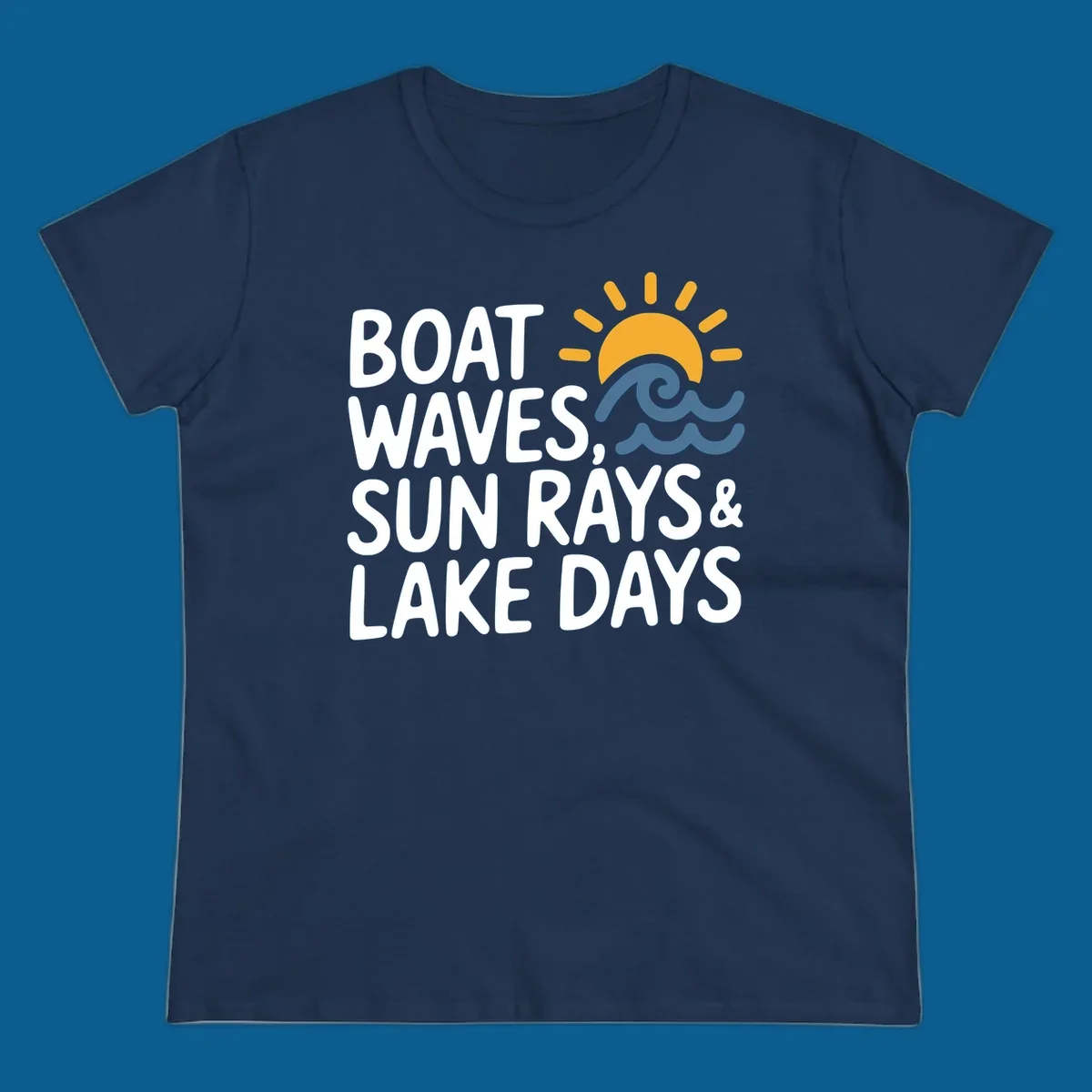Text 'Boat Waves Sun Rays & Lake Days' with sun and waves illustration for lake-life-days.