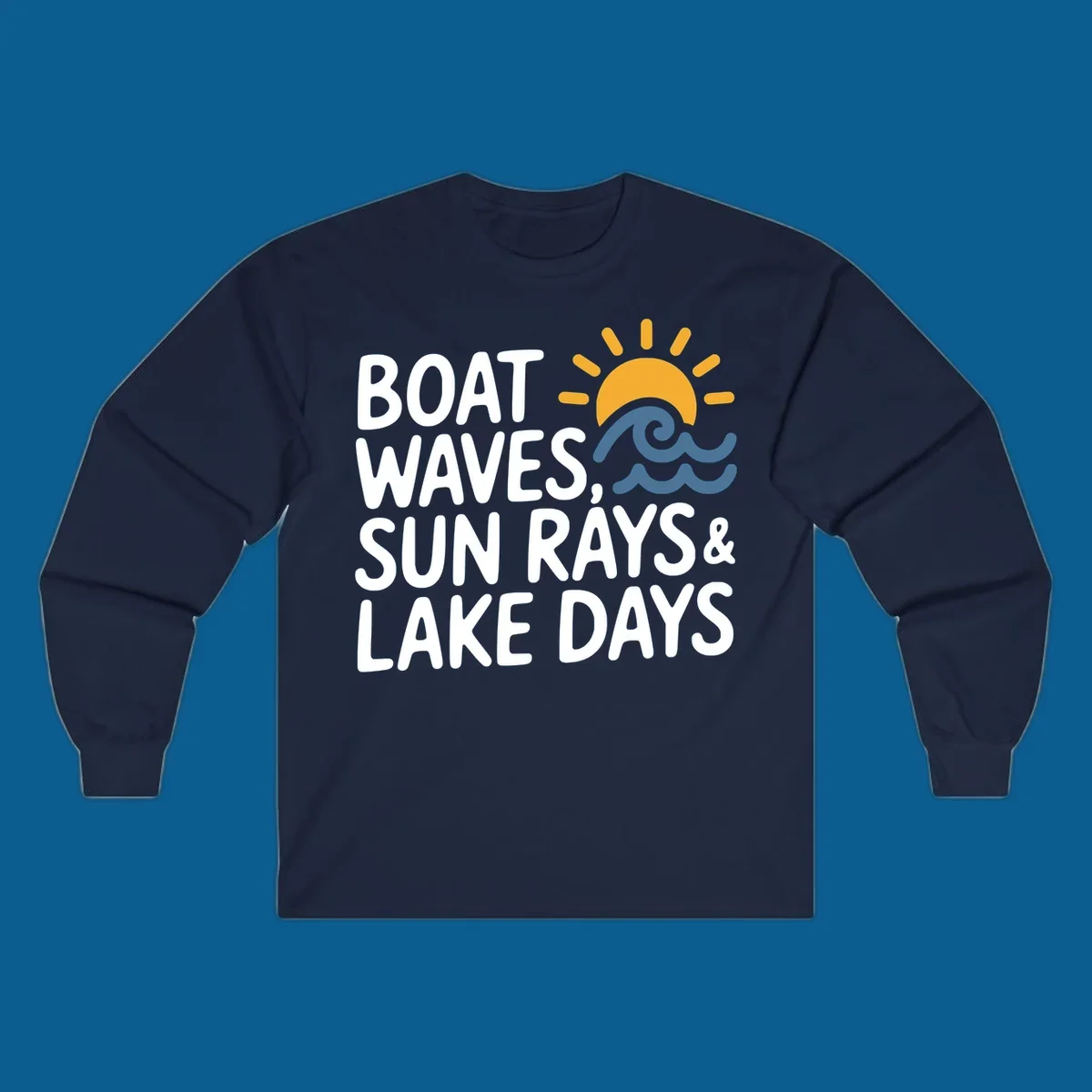 Text 'Boat Waves Sun Rays & Lake Days' with sun and waves illustration for lake-life-days.