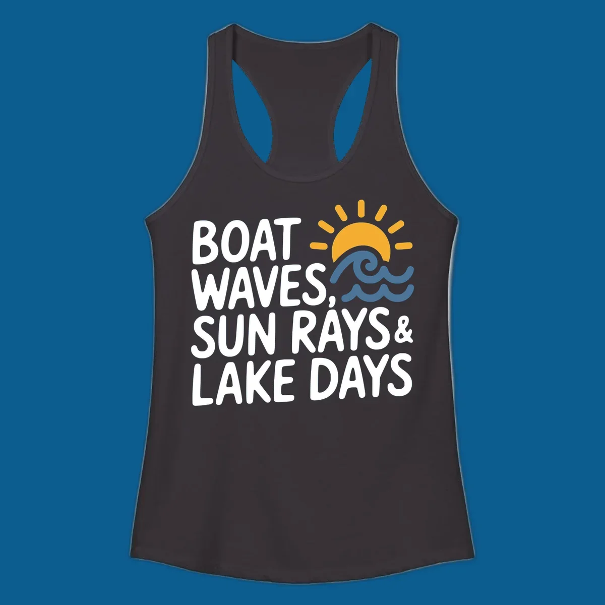 Text 'Boat Waves Sun Rays & Lake Days' with sun and waves illustration for lake-life-days.