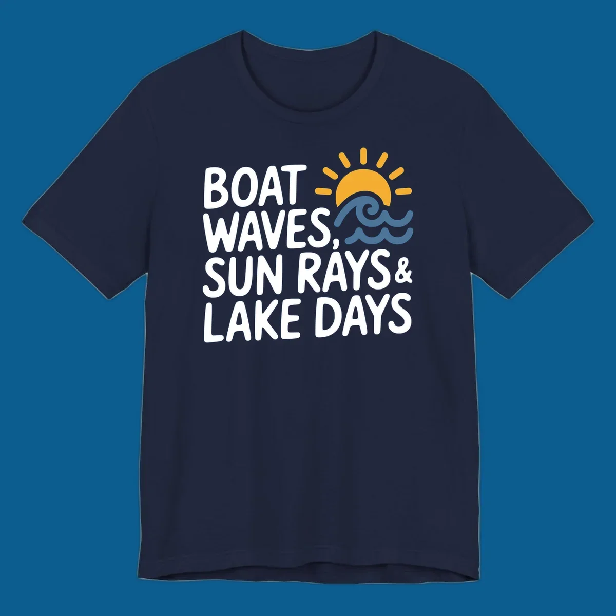 Text 'Boat Waves Sun Rays & Lake Days' with sun and waves illustration for lake-life-days.
