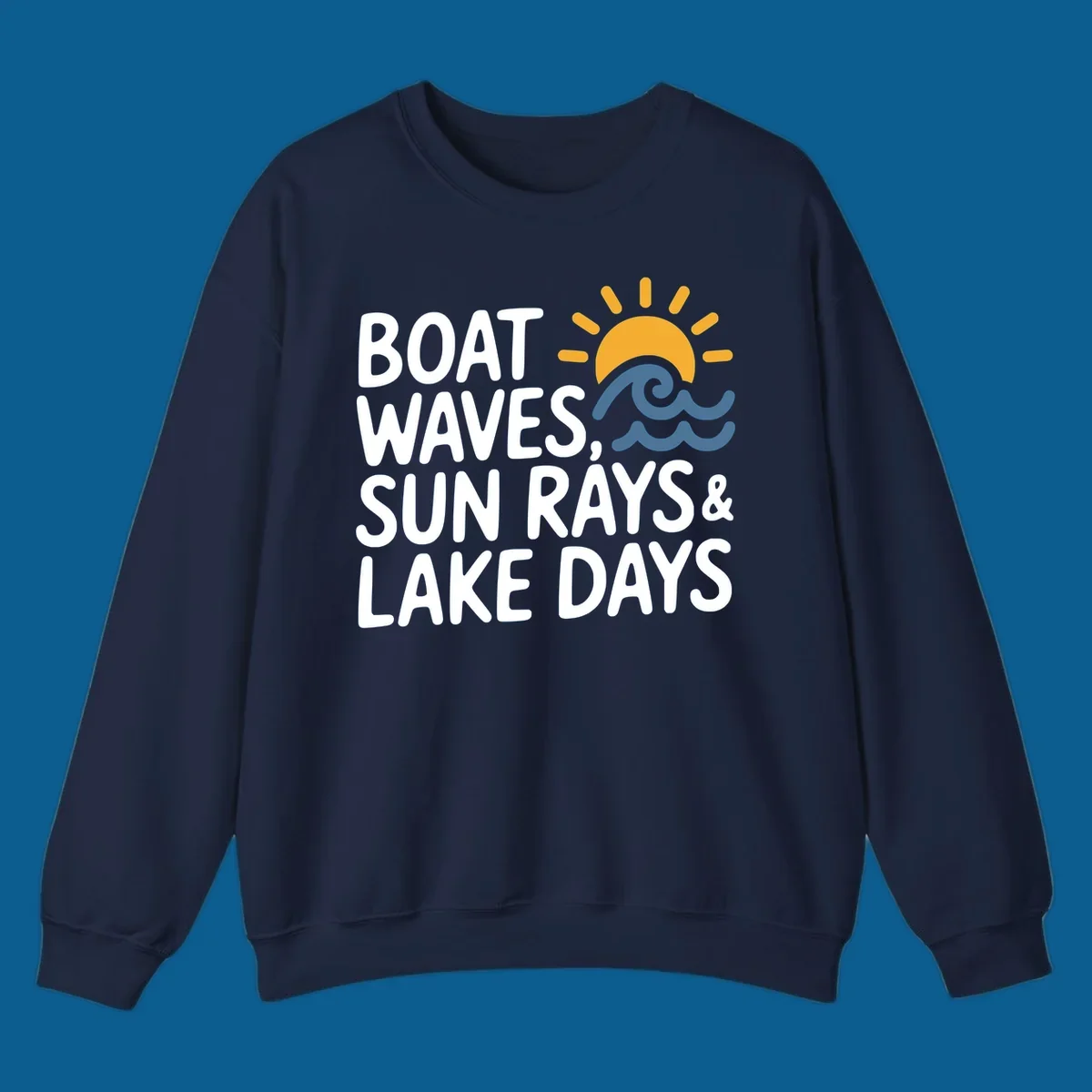 Text 'Boat Waves Sun Rays & Lake Days' with sun and waves illustration for lake-life-days.