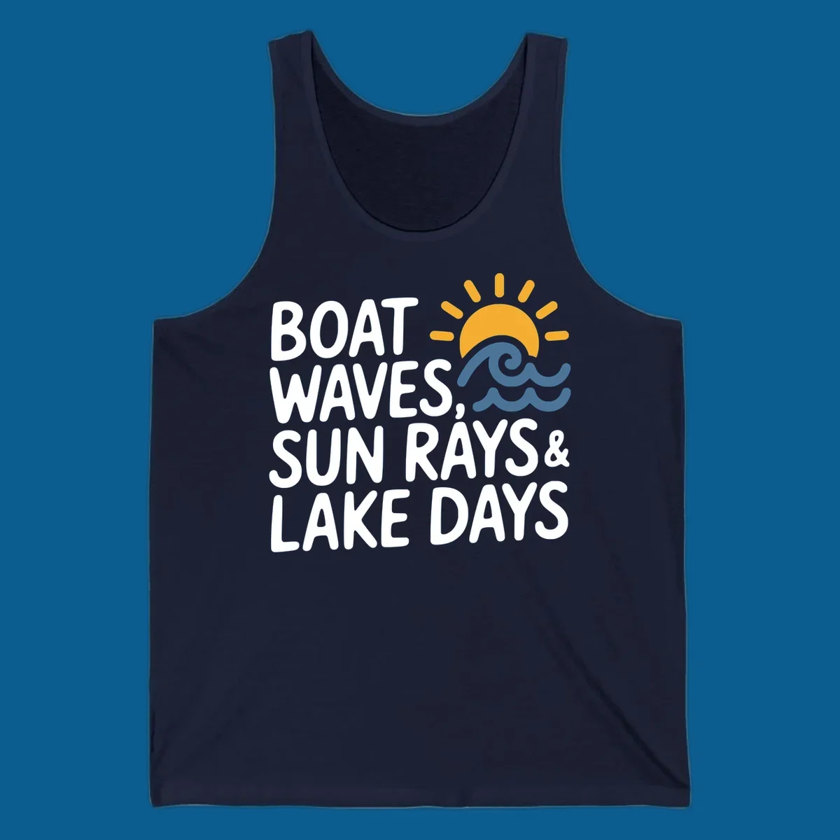 Text 'Boat Waves Sun Rays & Lake Days' with sun and waves illustration for lake-life-days.